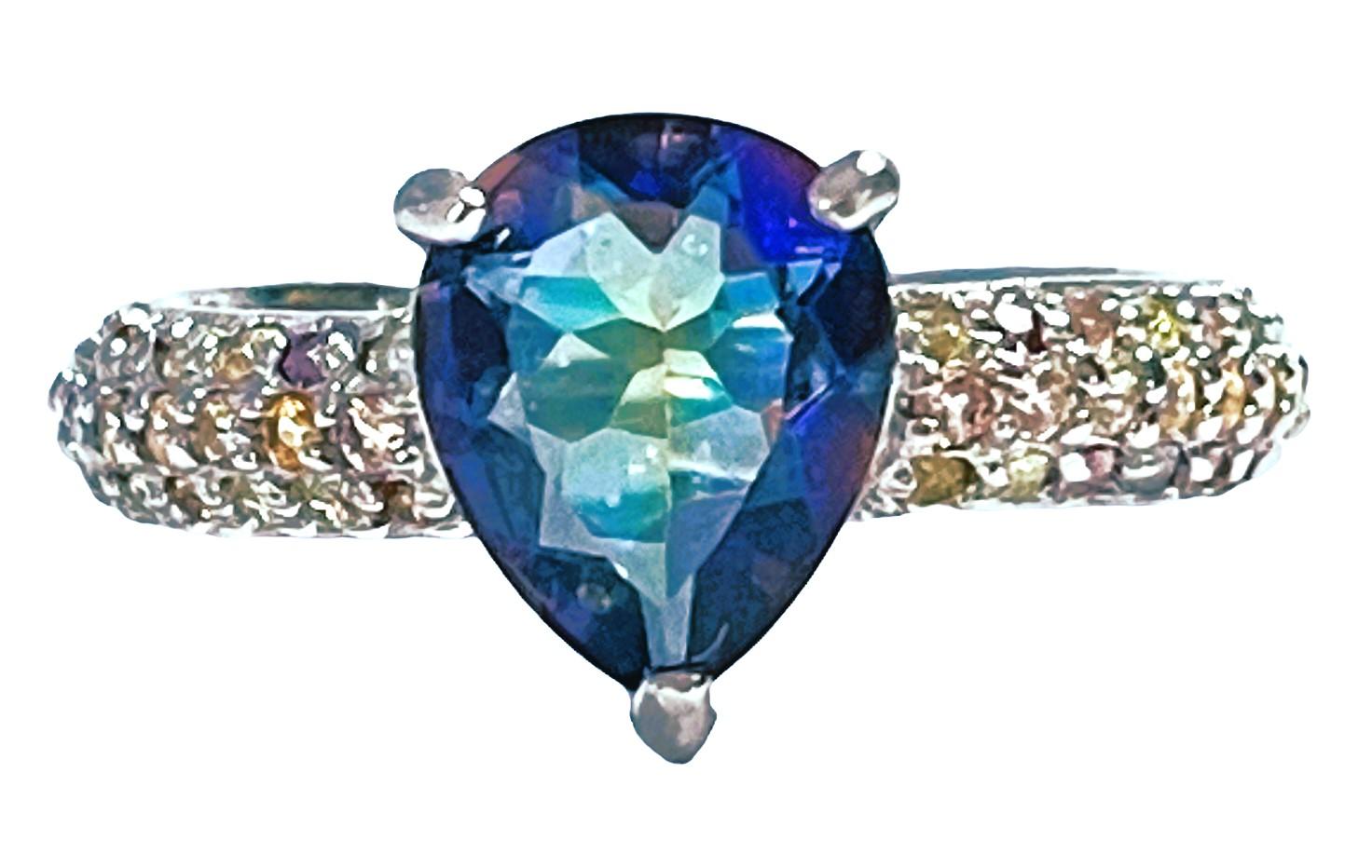 Art Deco New Mystic Pear Quartz & Sapphire White Gold Plated Sterling Ring