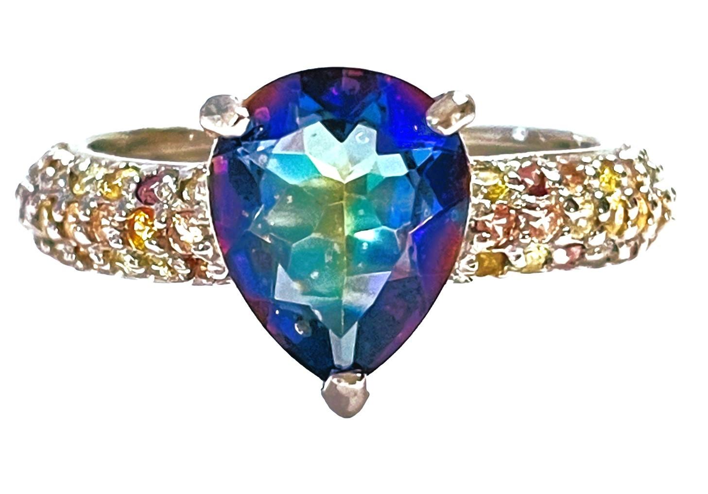 Pear Cut New Mystic Pear Quartz & Sapphire White Gold Plated Sterling Ring