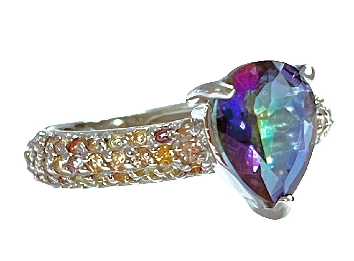 New Mystic Pear Quartz & Sapphire White Gold Plated Sterling Ring 2