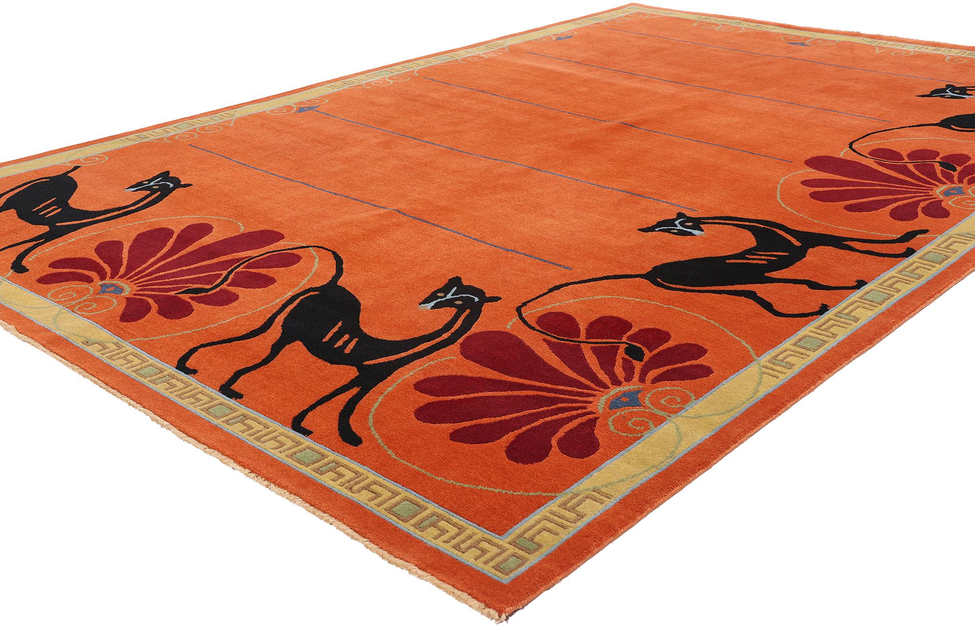31096 New Modern Orange Chinese Art Deco Rug, 06'01 x 08'11. Blending ancient symbolism with contemporary elegance, this hand-knotted wool Chinese Art Deco rug captivates with its distinctive artistry. The vibrant orange field, reminiscent of a