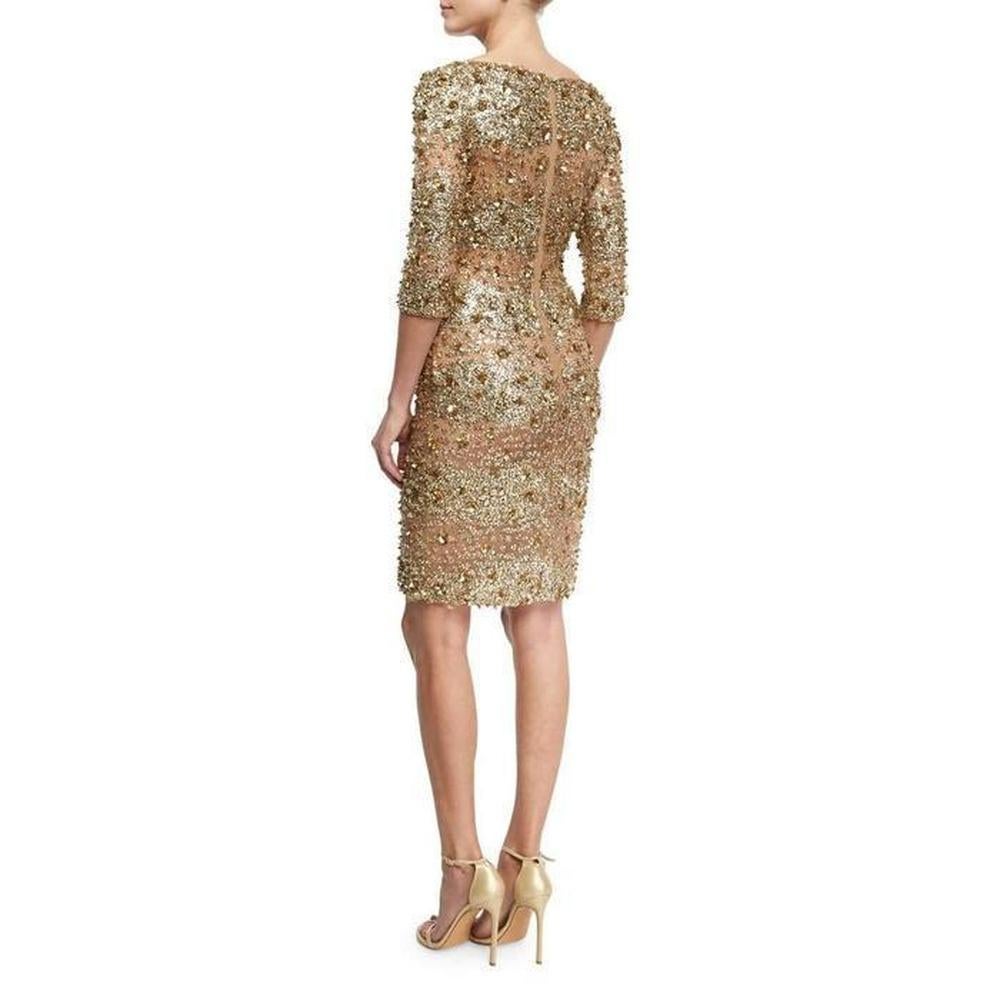 New NAEEM KHAN Beaded Gold Fitted Cocktail Dress US 4 In New Condition For Sale In Brossard, QC
