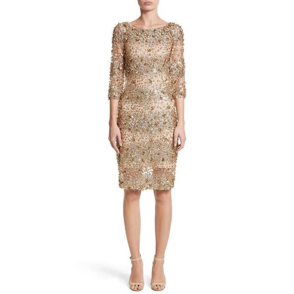 Women's New NAEEM KHAN Beaded Gold Fitted Cocktail Dress US 4 For Sale