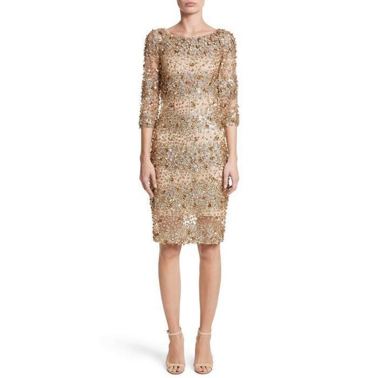 New NAEEM KHAN Beaded Gold Fitted Cocktail Dress US 4 For Sale at 1stDibs