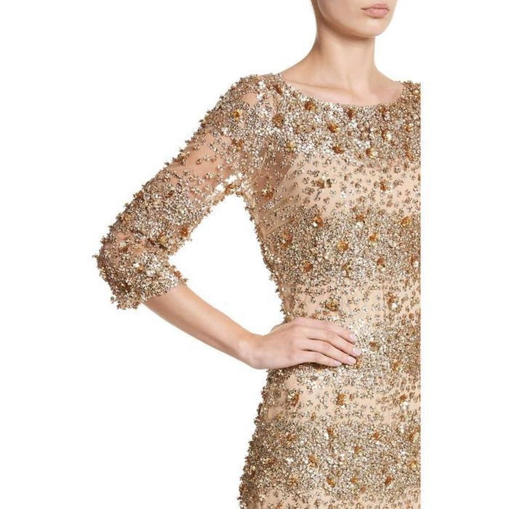 New NAEEM KHAN Beaded Gold Fitted Cocktail Dress US 4 For Sale 2