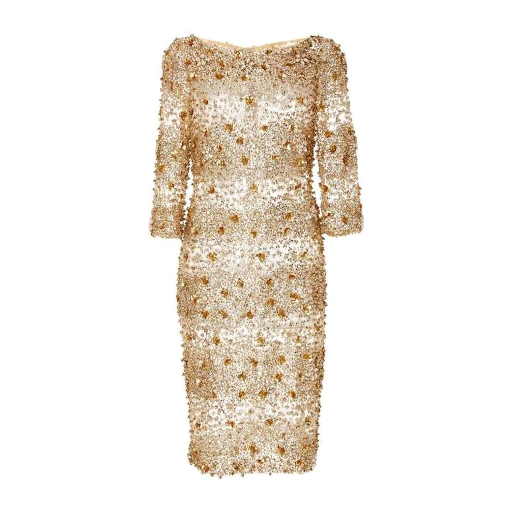 New NAEEM KHAN Beaded Gold Fitted Cocktail Dress US 4 For Sale