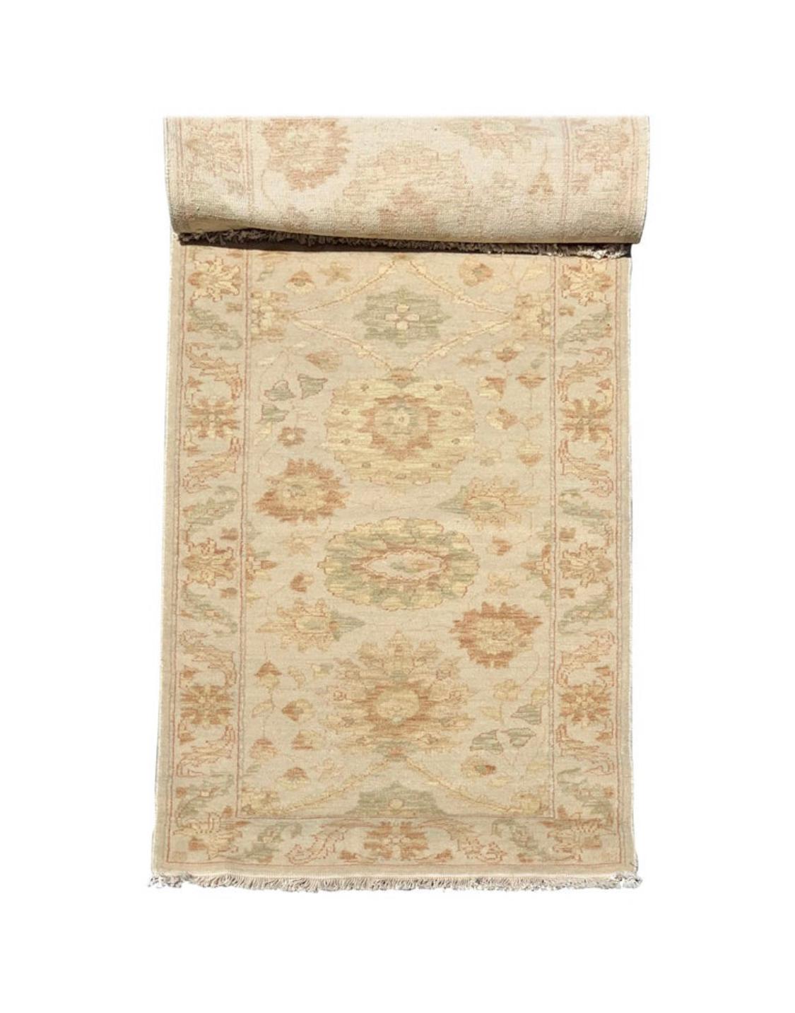 Hand-Knotted New Narrow Beige Ivory Floral Persian Sultanabad Oushak Style Runner Rug For Sale