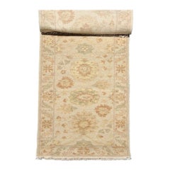 New Narrow Beige Ivory Floral Persian Sultanabad Oushak Style Runner Rug