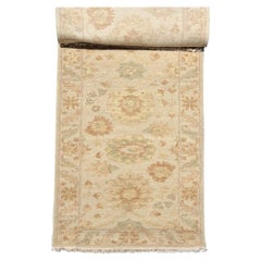 New Narrow Beige Ivory Floral Persian Sultanabad Oushak Style Runner Rug