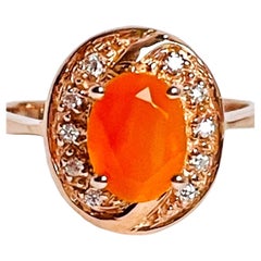 New Natural AAA Orange Fire Opal Oval & White Cz Sterling Silver Ring