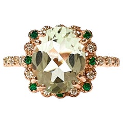 New Natural Green Amethyst Oval & Multi Color Cz RoseGold Plate Sterling Ring 6