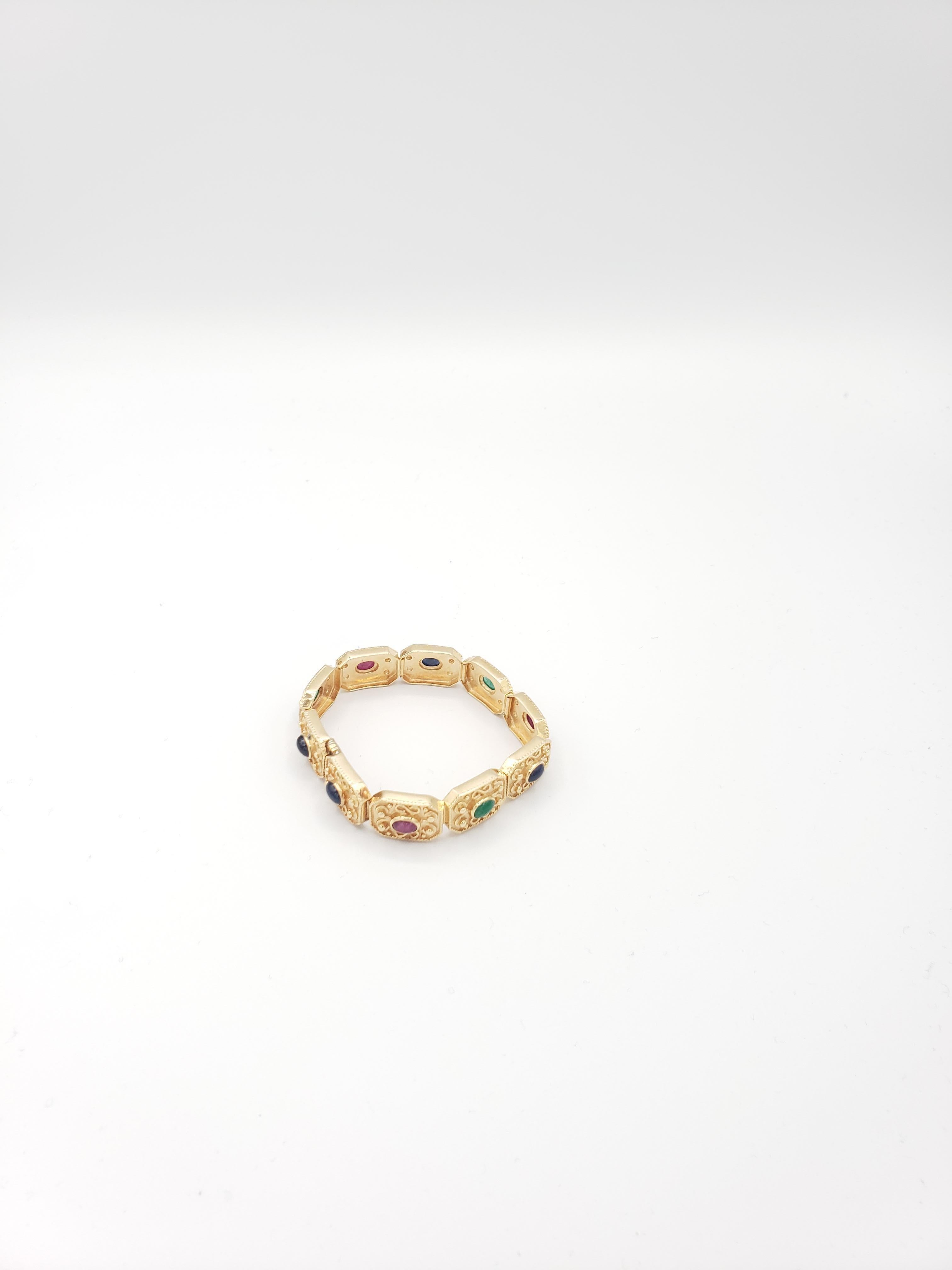 Bracelet en or jaune massif 14k de rubis, saphirs et émeraudes naturels NEW en vente 14