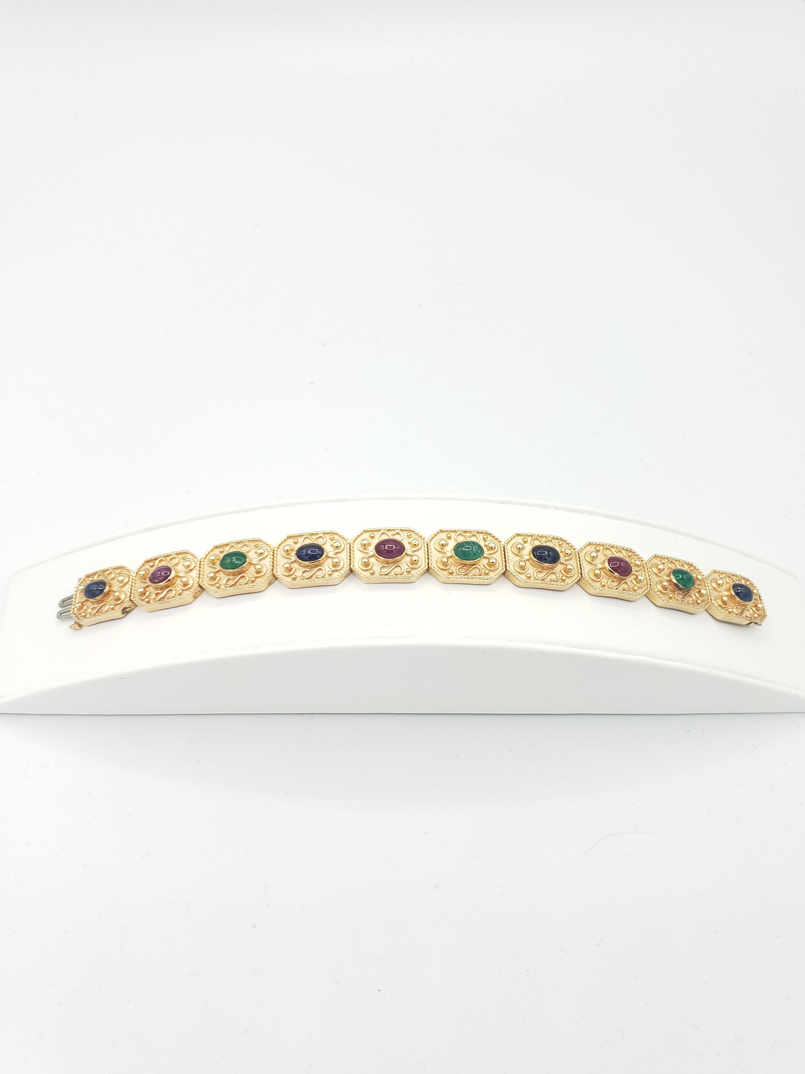 Art déco Bracelet en or jaune massif 14k de rubis, saphirs et émeraudes naturels NEW en vente
