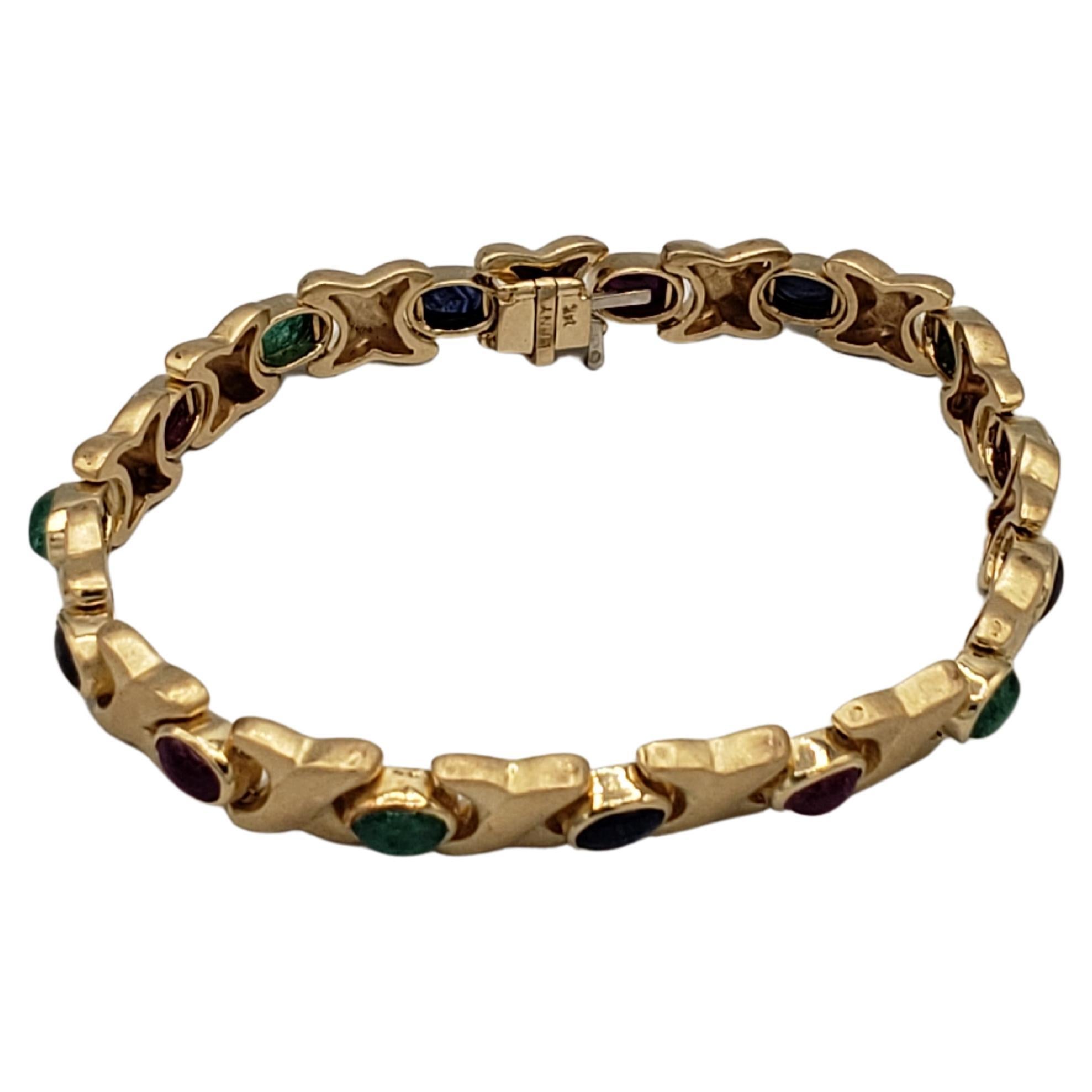 Taille ovale NOUVEAU Bracelet en or jaune massif 14 carats avec rubis naturel, saphir et émeraude en vente