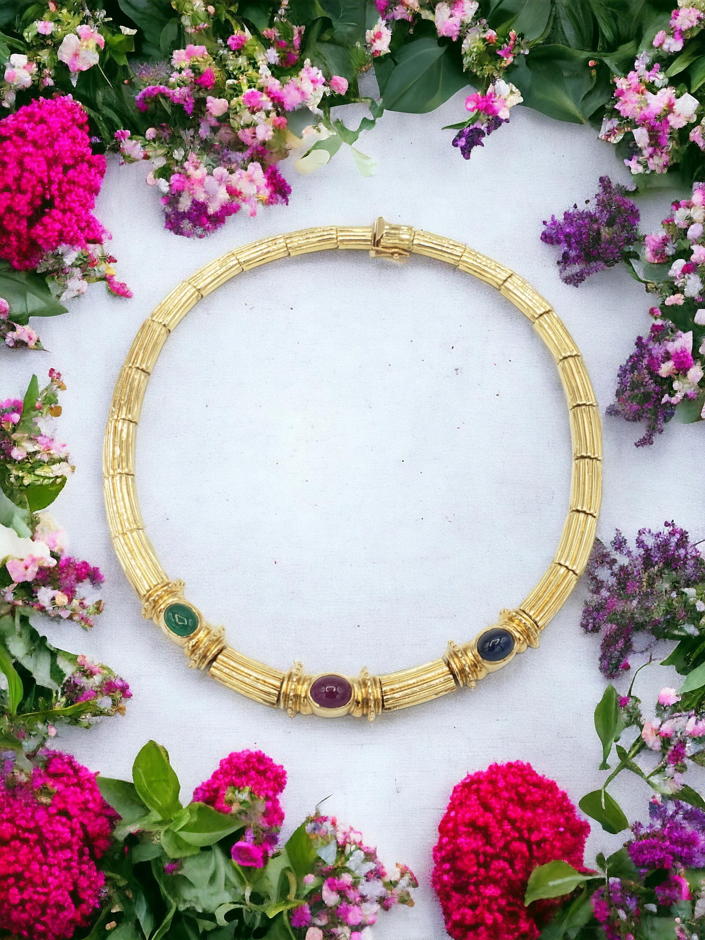 NOUVEAU Collier Emeraude Rubis Saphir Naturel en or jaune massif 14K Unisexe en vente