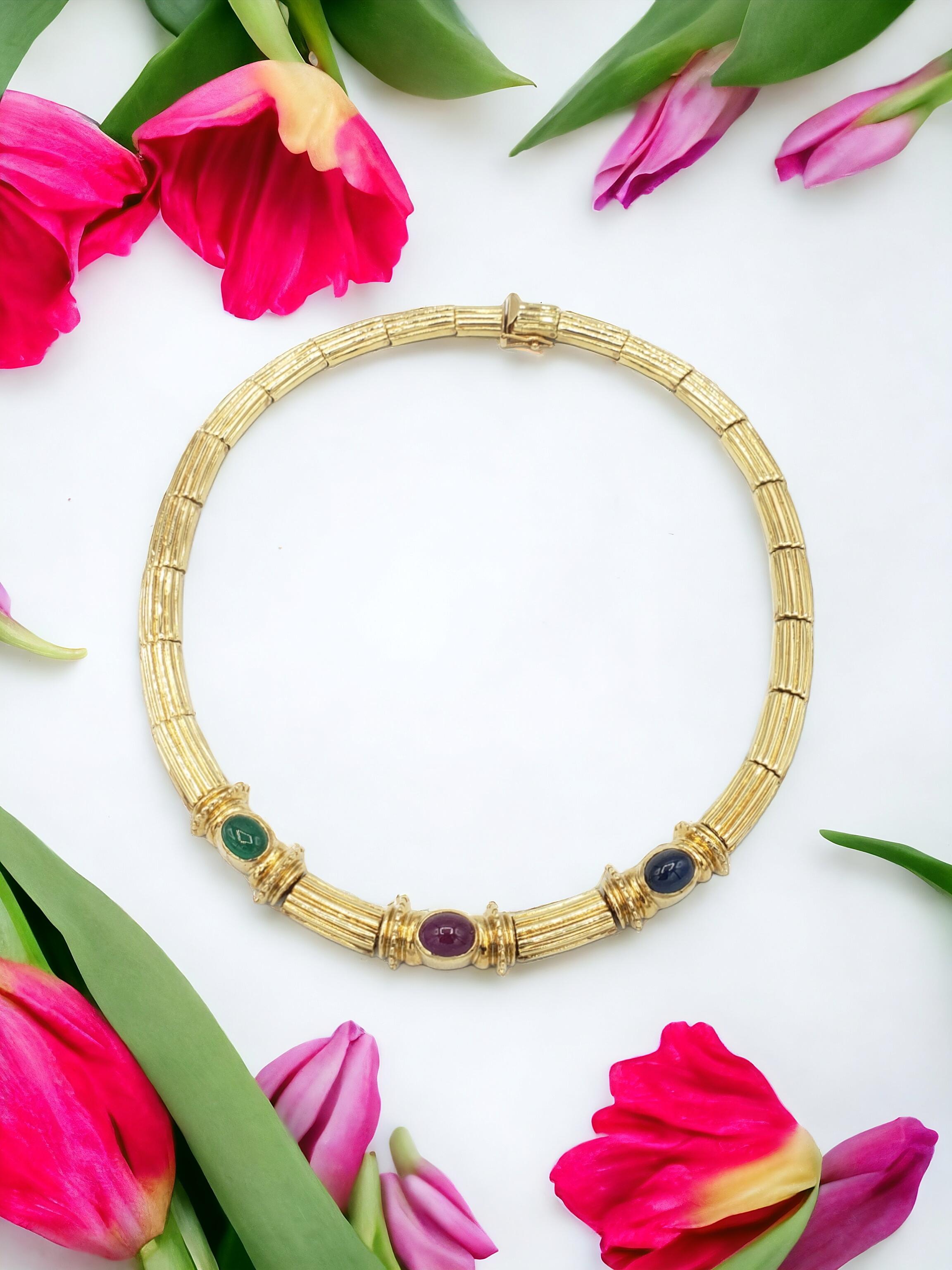 NEW Natural Ruby Sapphire Emerald Necklace in 14K Solid Yellow Gold Wt. 52Grams For Sale 2