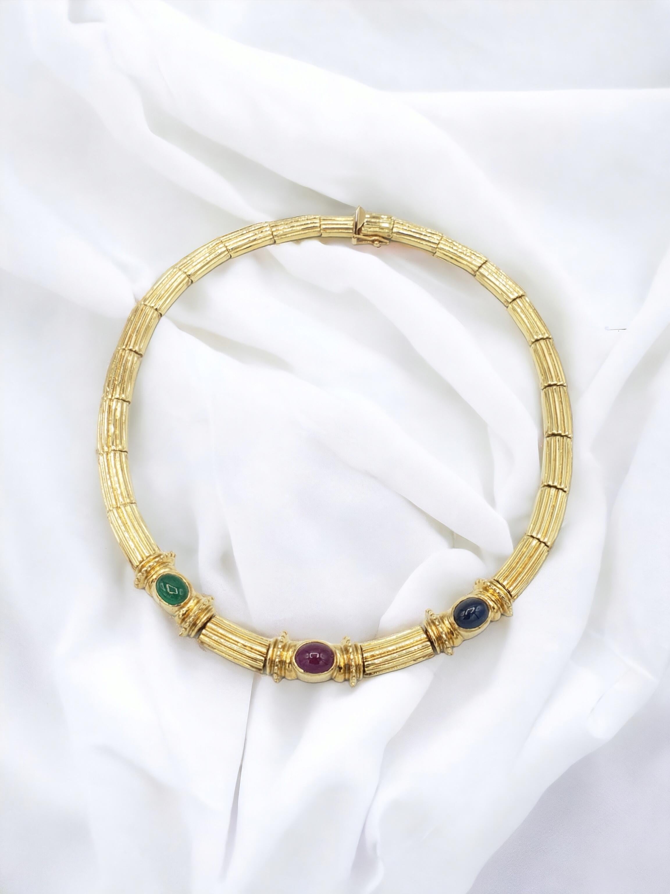 NEW Natural Ruby Sapphire Emerald Necklace in 14K Solid Yellow Gold Wt. 52Grams For Sale 3