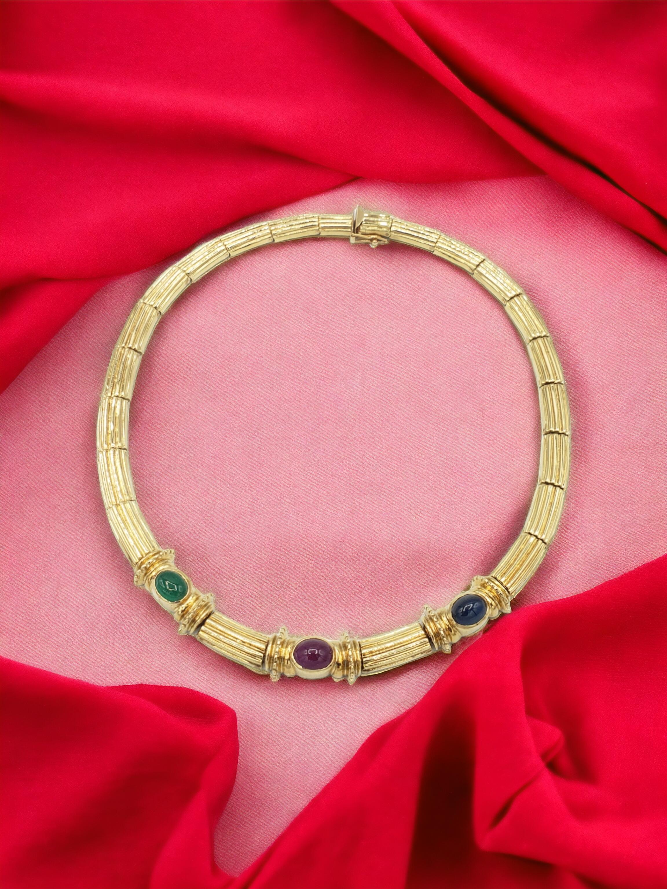 NEW Natural Ruby Sapphire Emerald Necklace in 14K Solid Yellow Gold Wt. 52Grams For Sale 4