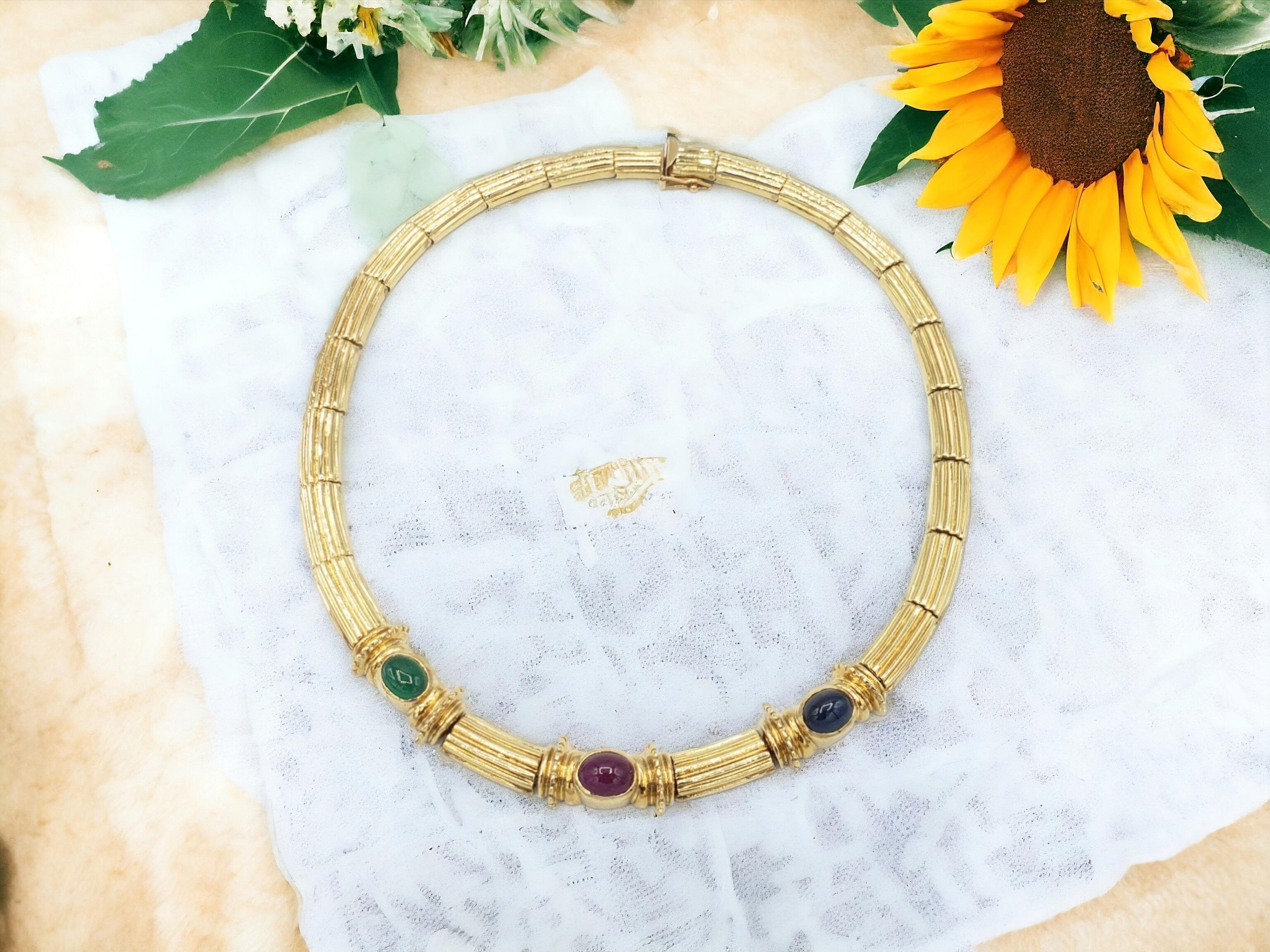 NEW Natural Ruby Sapphire Emerald Necklace in 14K Solid Yellow Gold Wt. 52Grams For Sale 10