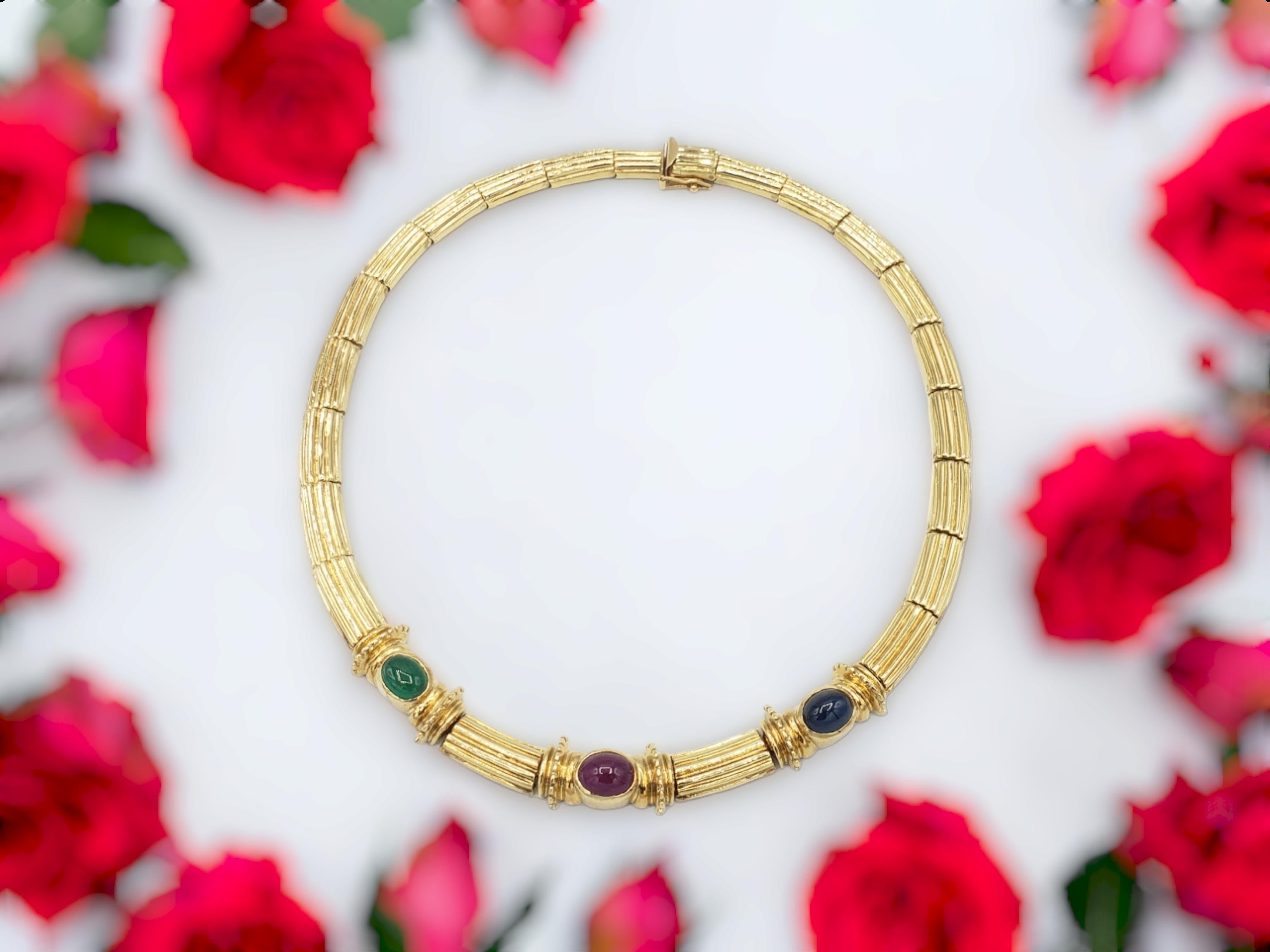 NEW Natural Ruby Sapphire Emerald Necklace in 14K Solid Yellow Gold Wt. 52Grams For Sale 7