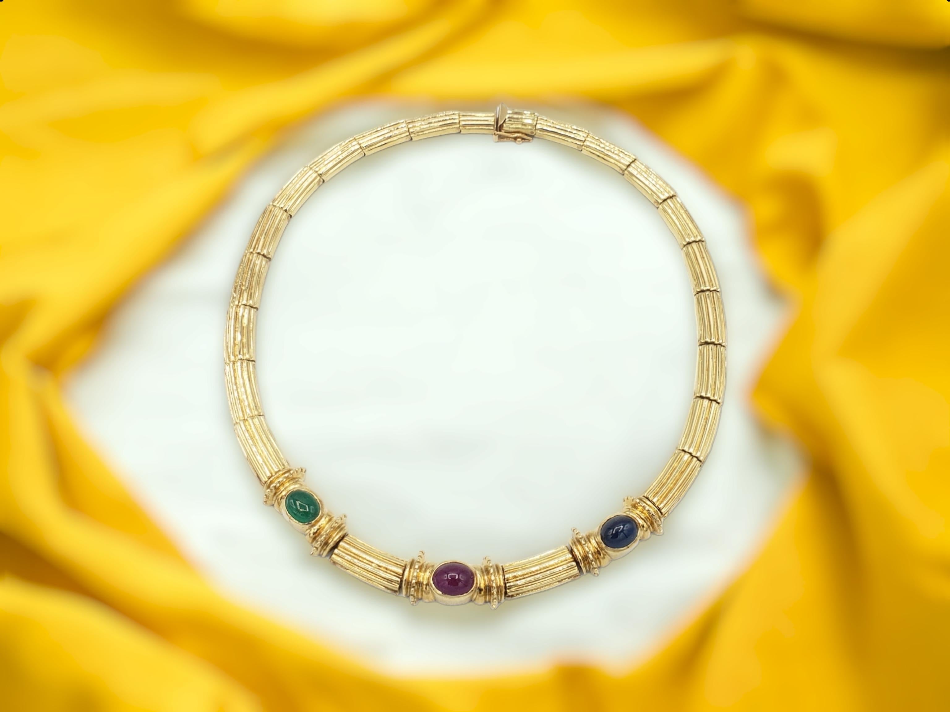 NEW Natural Ruby Sapphire Emerald Necklace in 14K Solid Yellow Gold Wt. 52Grams For Sale 9