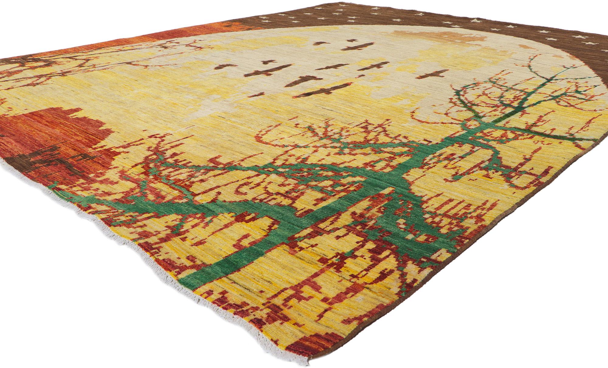 80738 New Nature-Inspired Modern Rug with Biophilic Design, 07'11 x 09'07. Glowing like a sun not yet set—or a moon reborn in golden light—this hand-knotted wool nature-inspired modern rug captures the liminal poetry of dusk’s final exhale. A