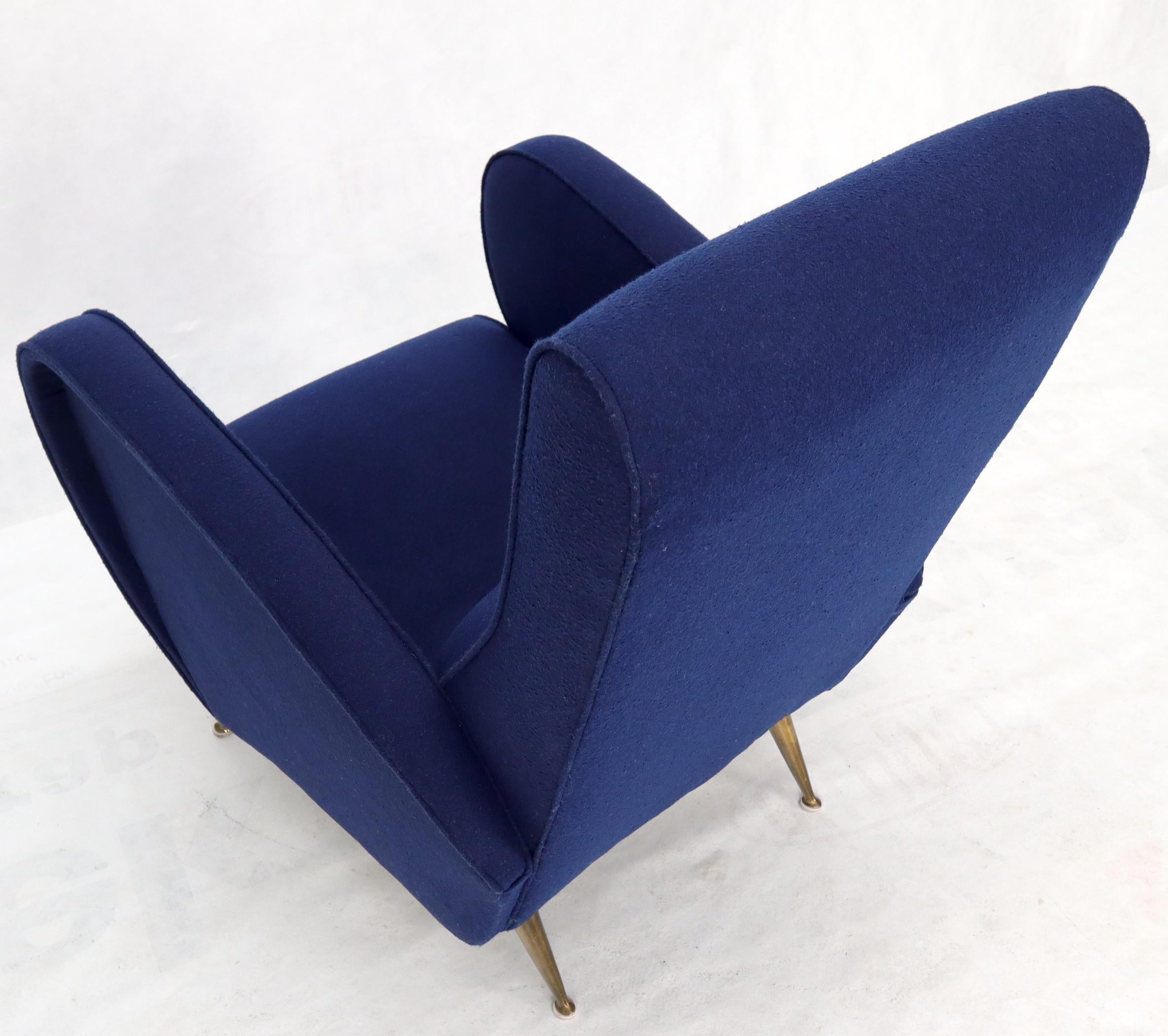 New Navy Blue Upholstery Italian Mid-Century Modern Lounge Chair on Brass Legs For Sale 7