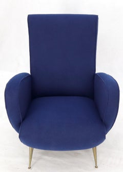 New Navy Blue Upholstery Italian Mid-Century Modern Lounge Chair on Brass Legs