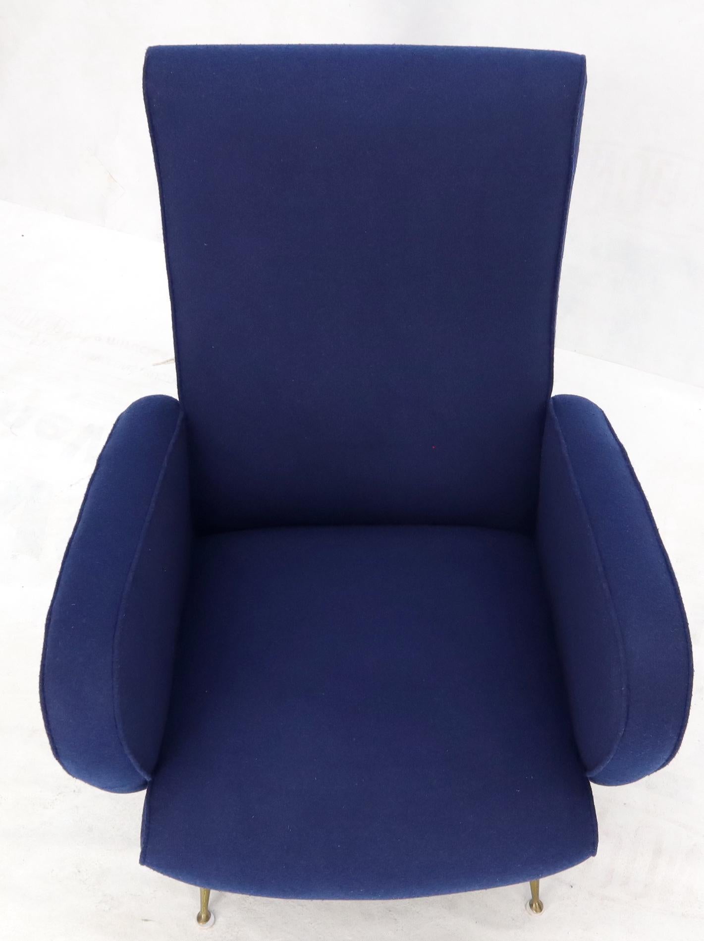 New Navy Blue Upholstery Italian Mid-Century Modern Lounge Chair on Brass Legs For Sale 1