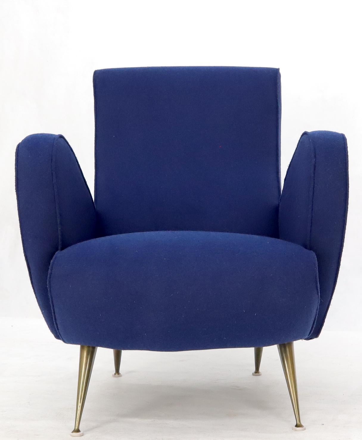 New Navy Blue Upholstery Italian Mid-Century Modern Lounge Chair on Brass Legs For Sale 2