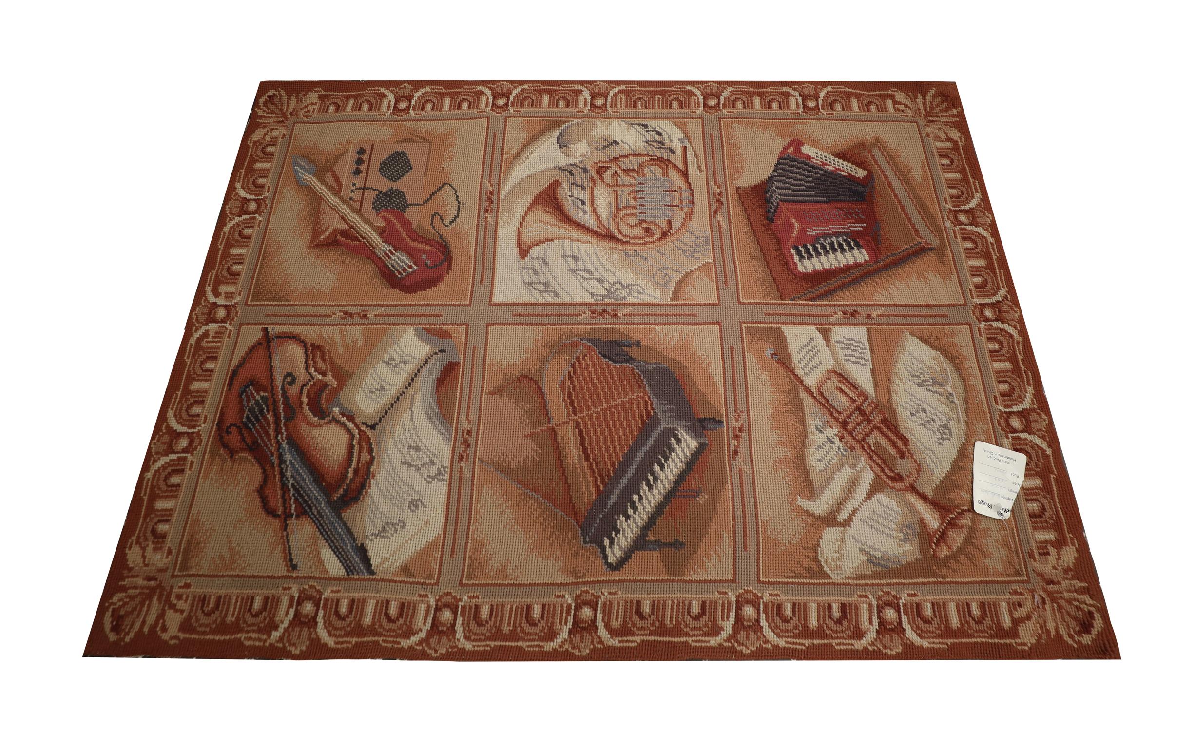 This unique needlepoint tapestry has been woven by hand and features a unique musical theme design. Made up of six square tiles that have been decorated with various musical instruments woven in rust, orange, brown and beige accent colours. The