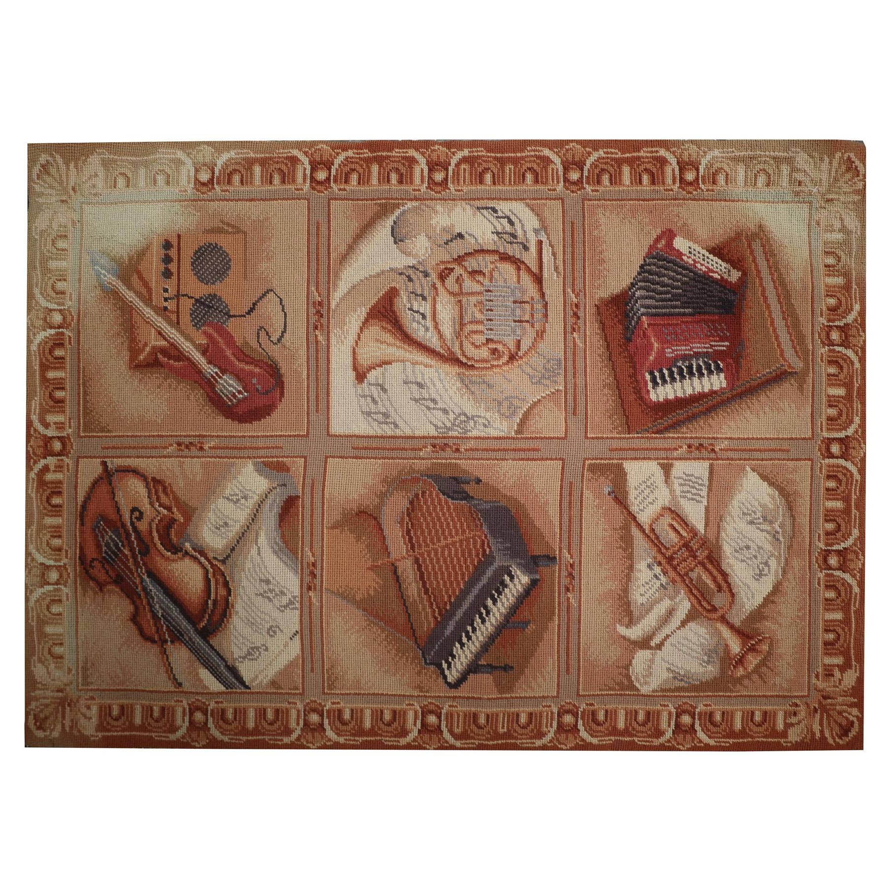 New Needlepoint Rug Tapestry, Handwoven Carpet Musical Themed For Sale