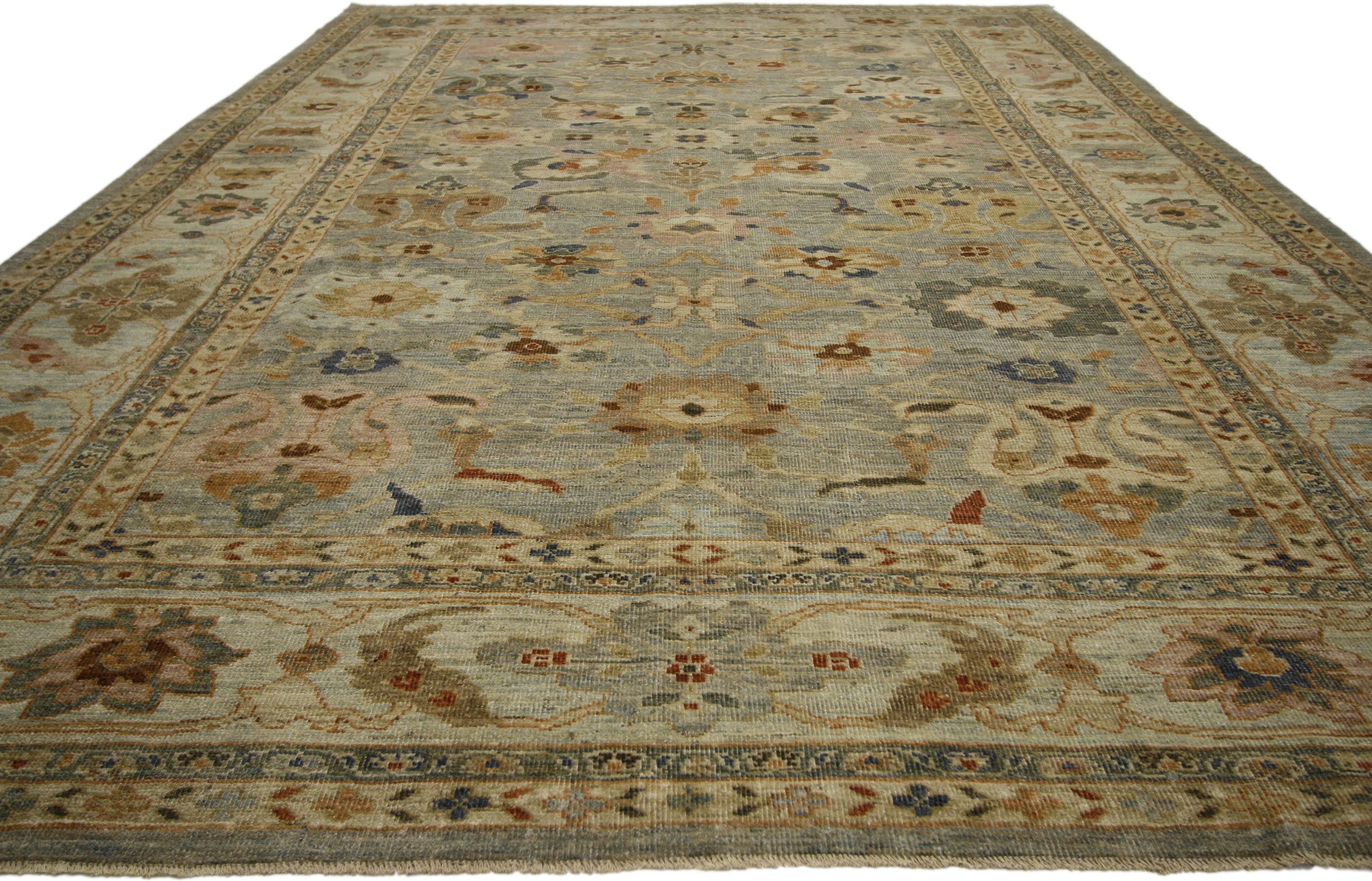 Hand-Knotted New Contemporary Turkish Oushak Rug with Transitional Beach House Coastal Style For Sale