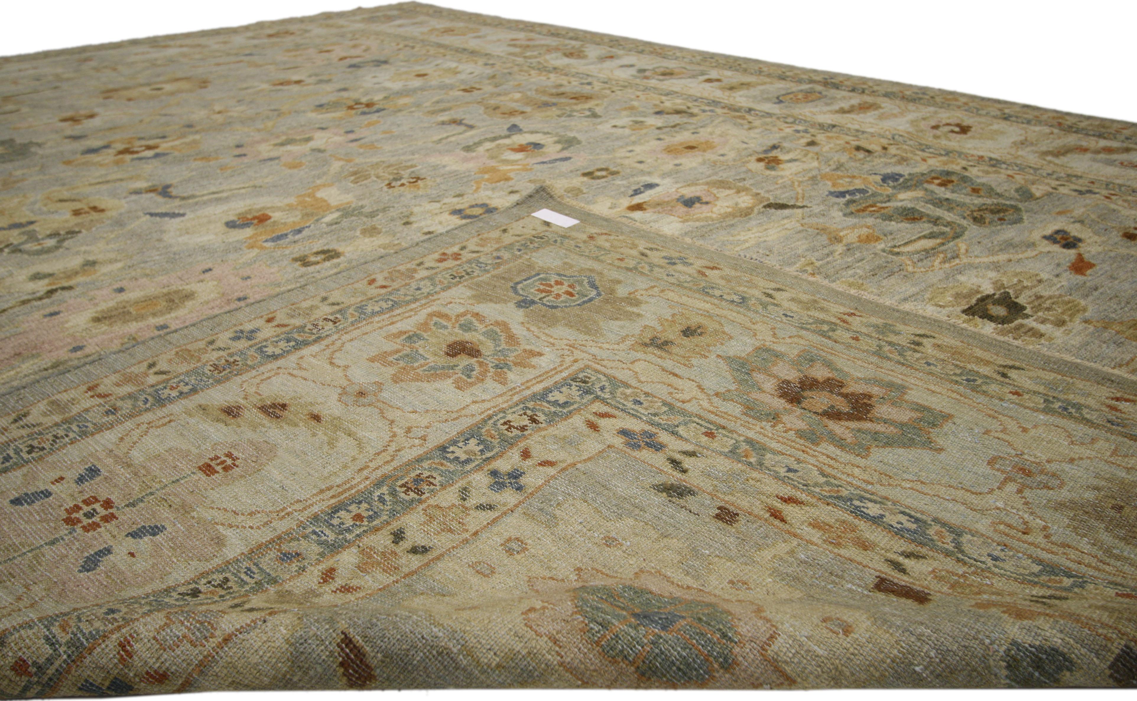 Wool New Contemporary Turkish Oushak Rug with Transitional Beach House Coastal Style For Sale