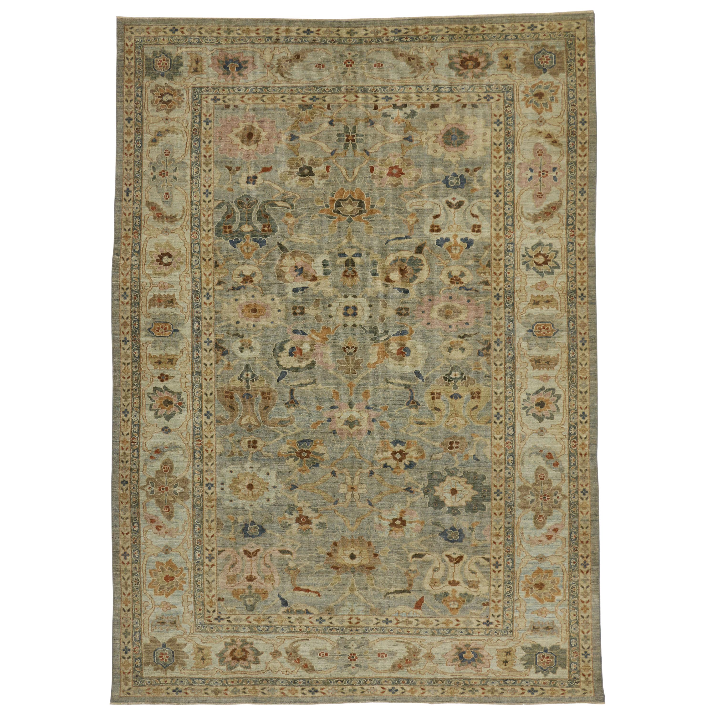 New Contemporary Turkish Oushak Rug with Transitional Beach House Coastal Style For Sale