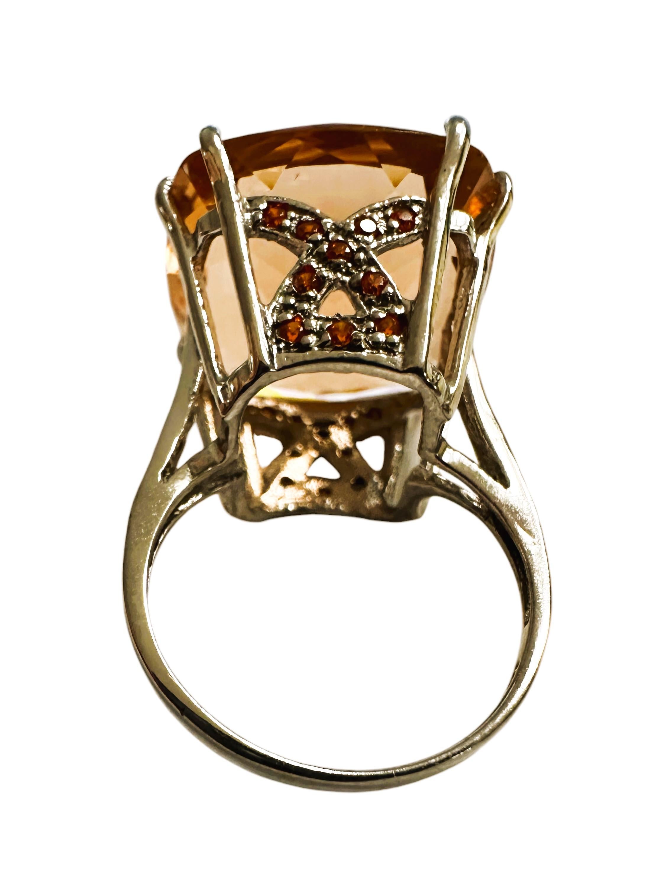 Cushion Cut New 14.2 Carat Peach Morganite & Diamond Cut Orange Sapphire Sterling Ring For Sale
