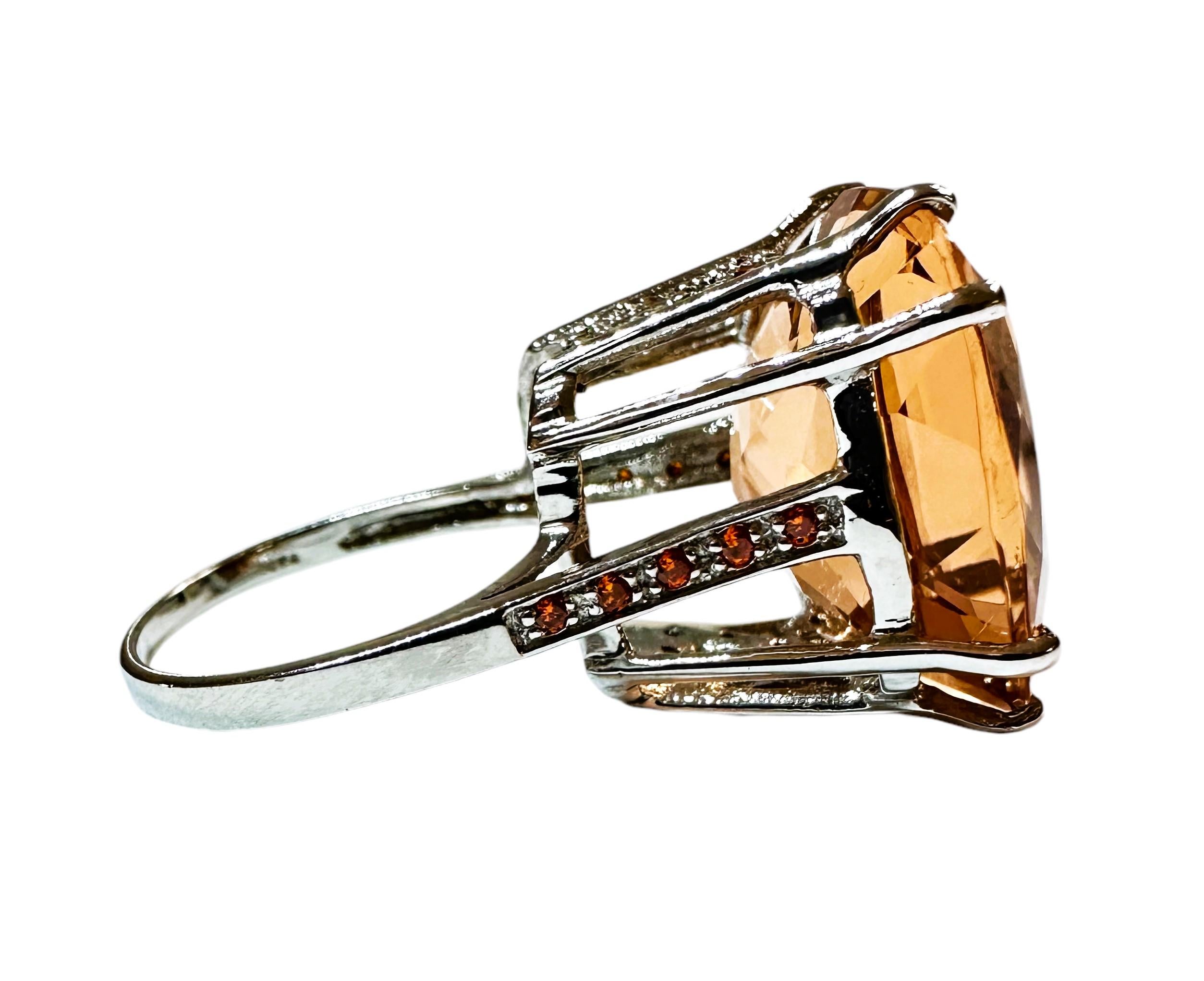 Women's New 14.2 Carat Peach Morganite & Diamond Cut Orange Sapphire Sterling Ring For Sale
