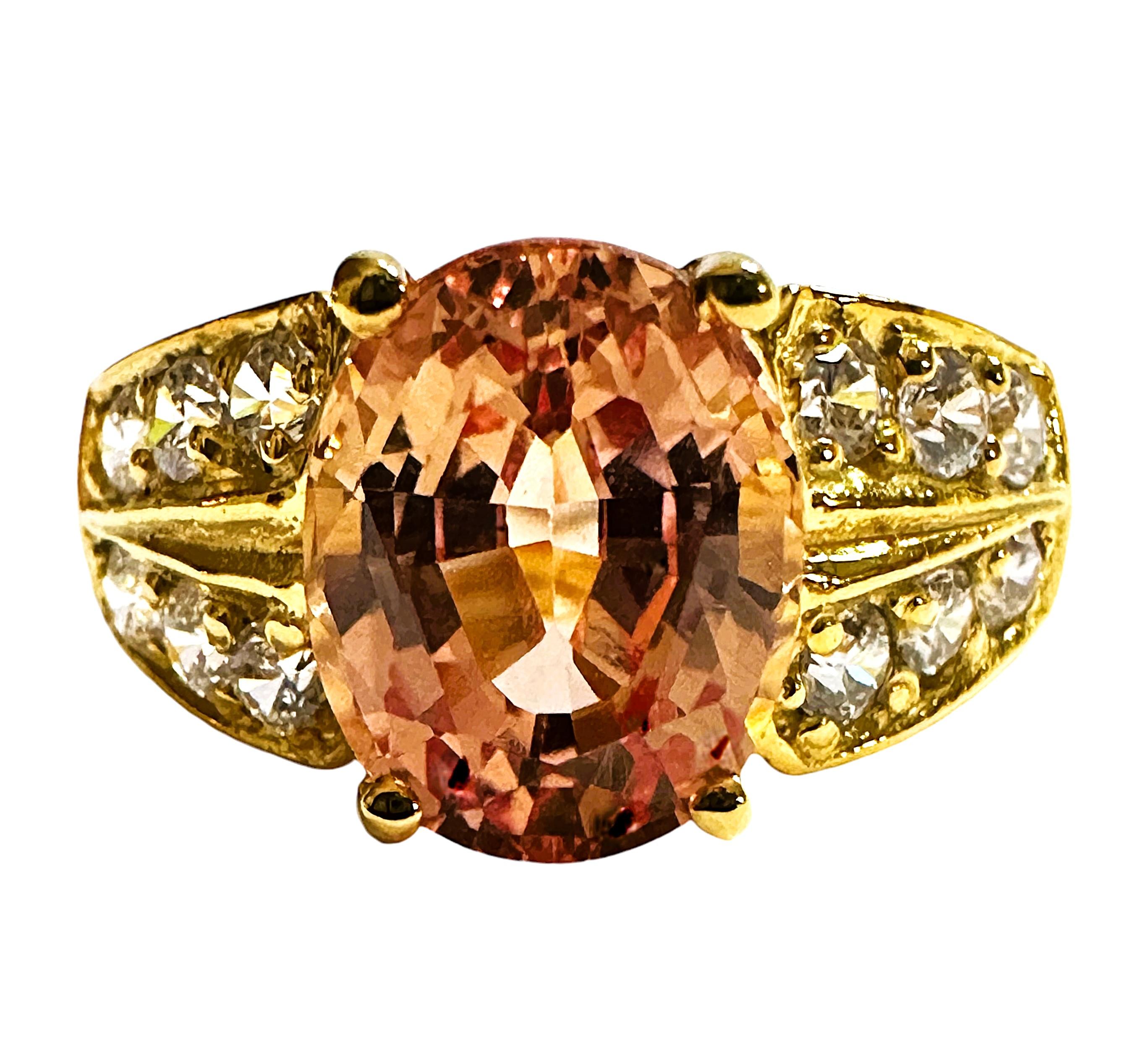 What a beautiful ring! The ring is a size 7.25.   The stone is from Africa and is just exquisite.  It is a very high quality stone.  It is a fancy oval cut stone and is 4.3 Cts   The main stone is 10 x 8 mm and it is complemented by Diamond Cut