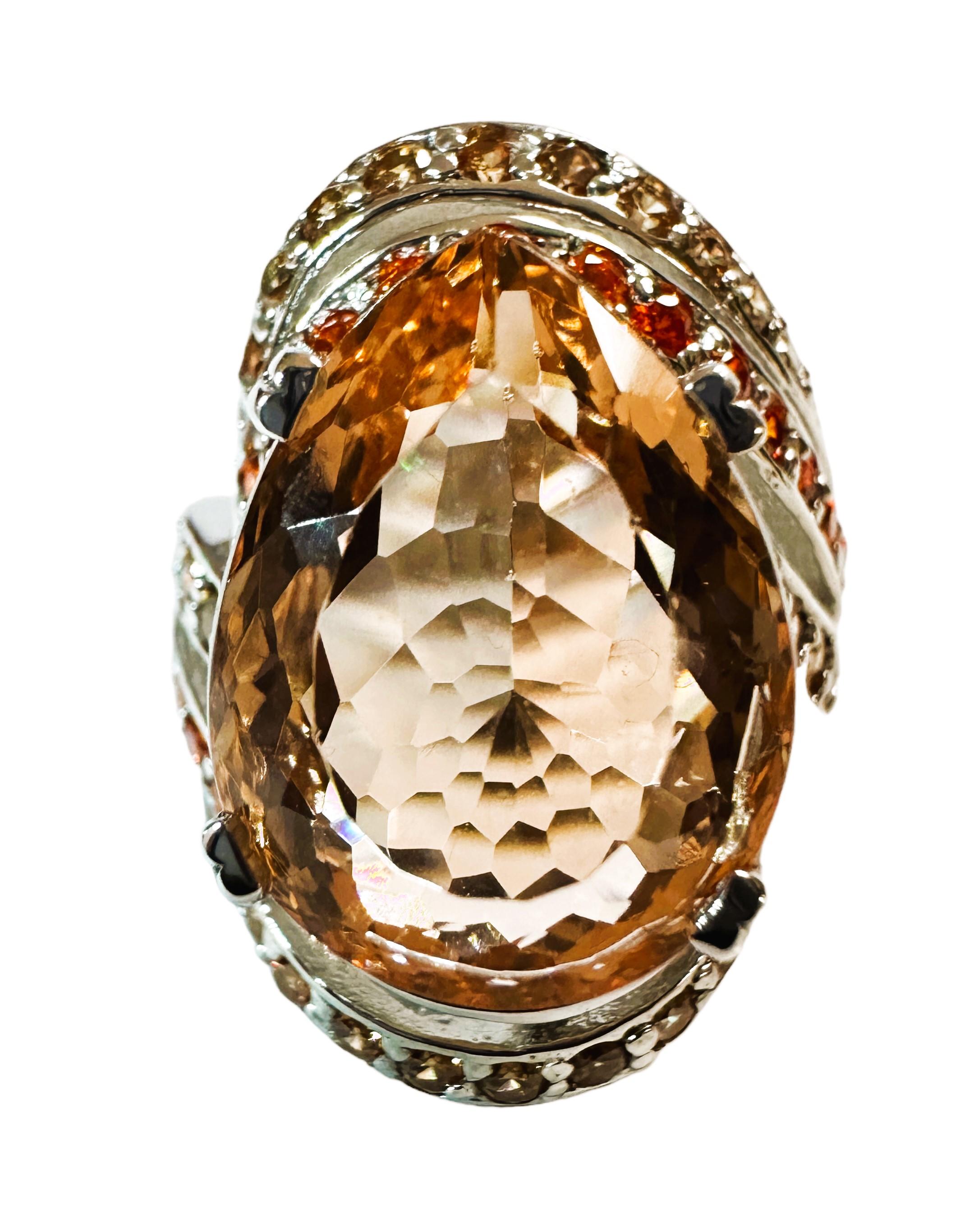 Oval Cut New Nigerian 8.6 Ct Peach Orange Morganite & Orange Sapphire Sterling Ring For Sale