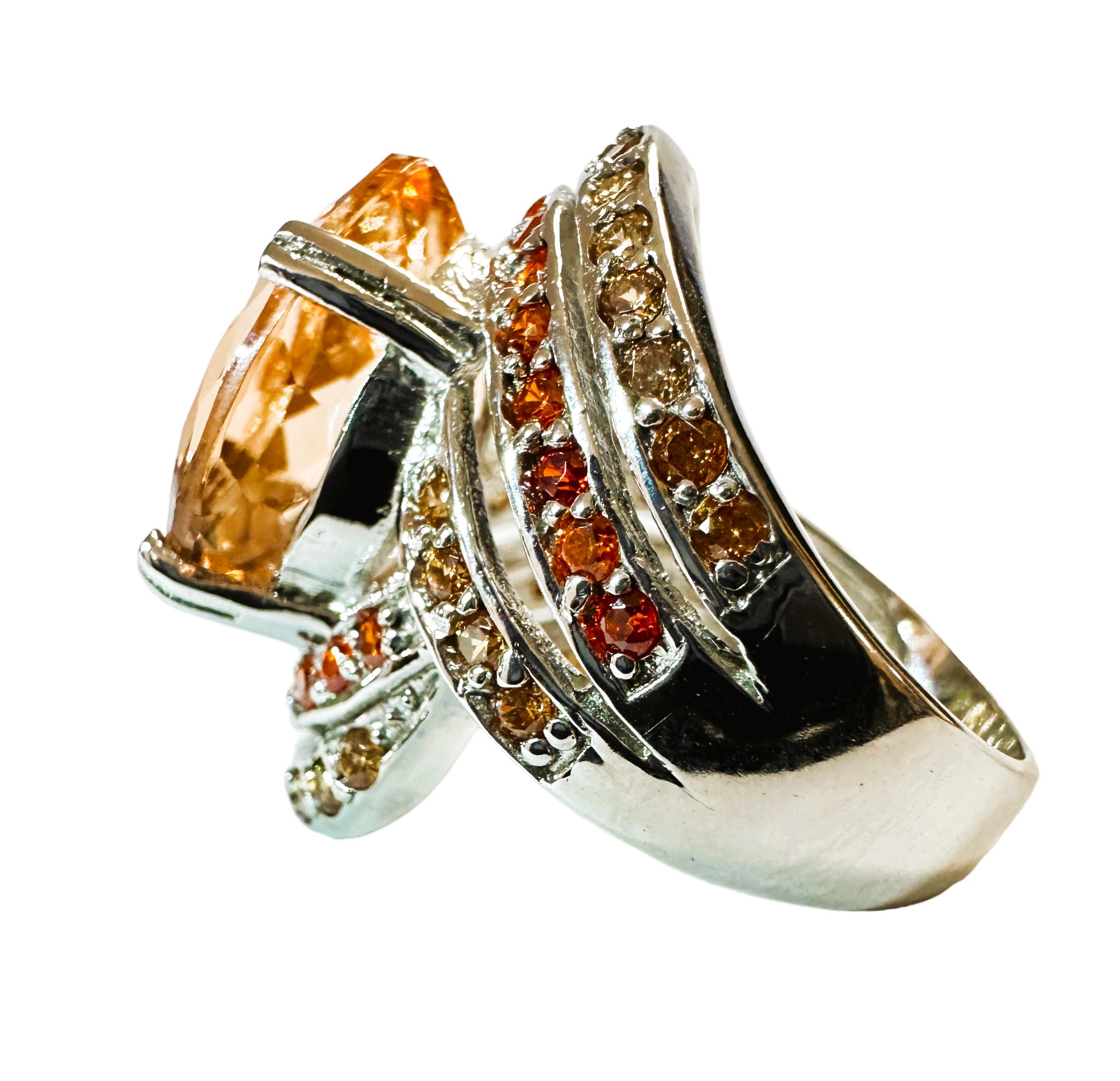 New Nigerian 8.6 Ct Peach Orange Morganite & Orange Sapphire Sterling Ring In New Condition For Sale In Eagan, MN