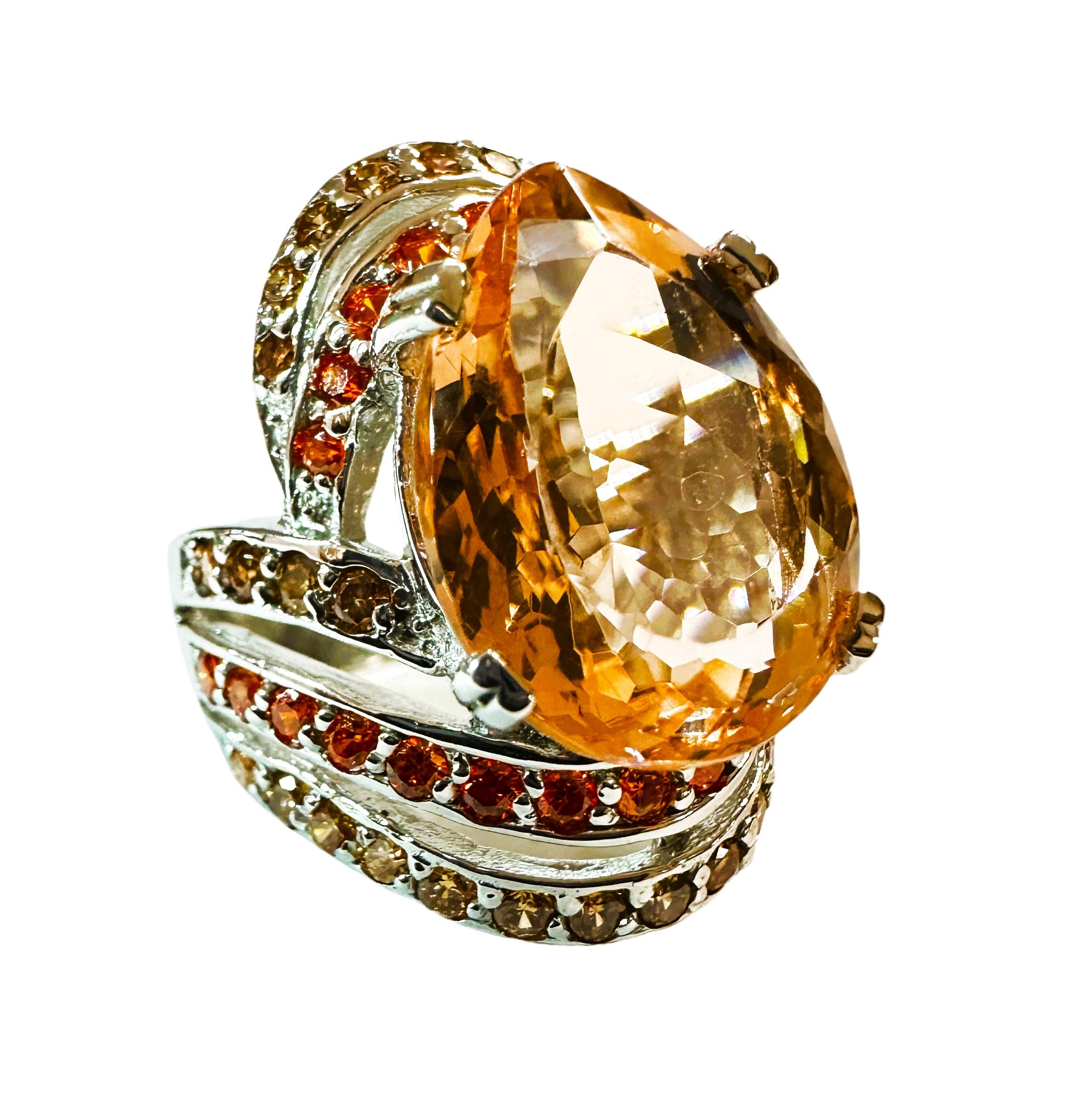 New Nigerian 8.6 Ct Peach Orange Morganite & Orange Sapphire Sterling Ring For Sale 2