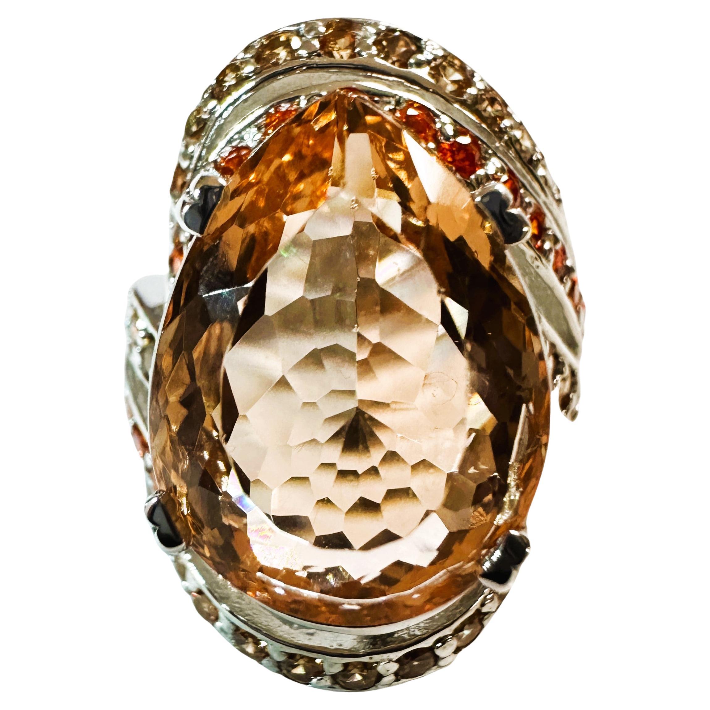 New Nigerian 8.6 Ct Peach Orange Morganite & Orange Sapphire Sterling Ring