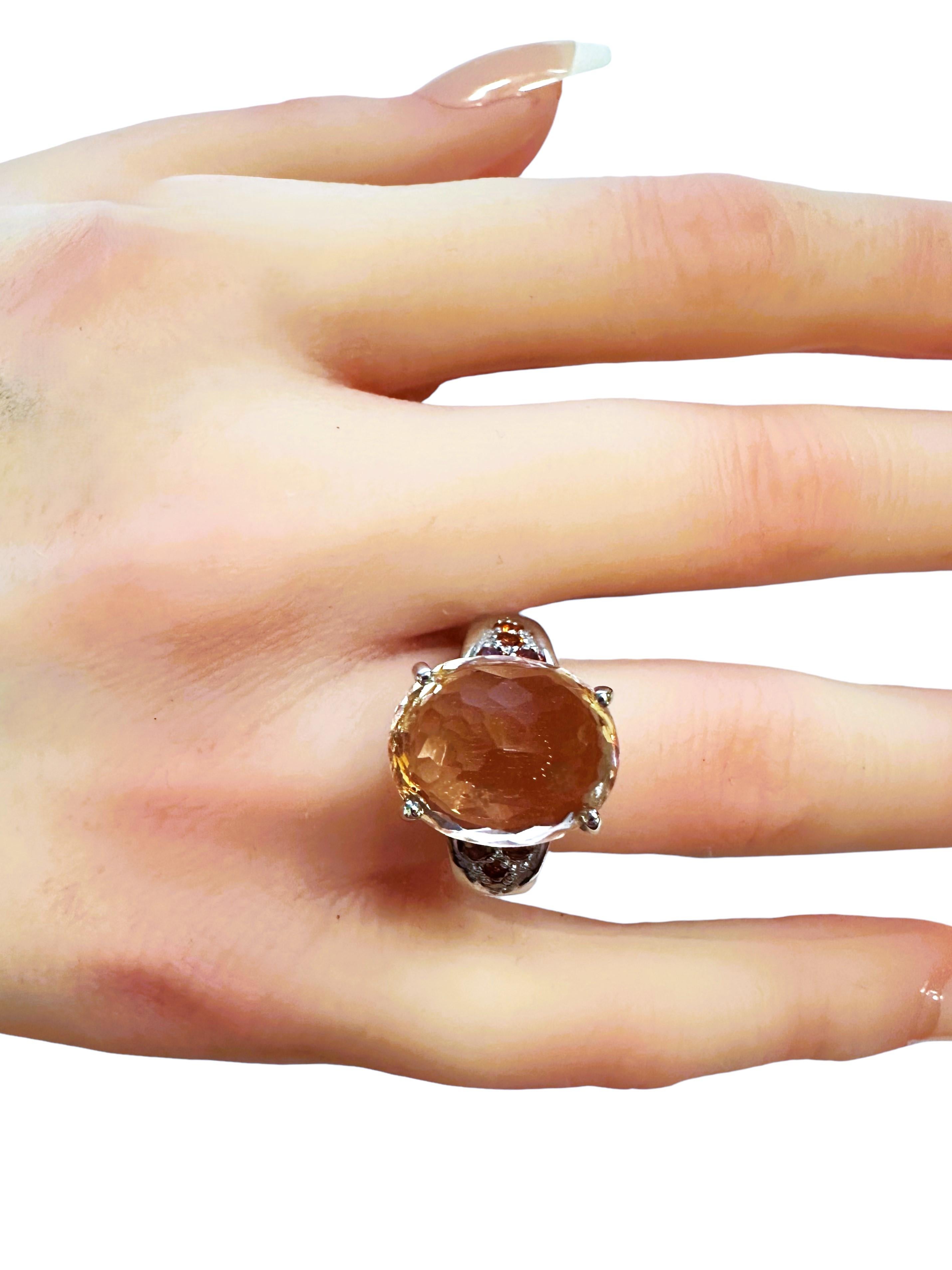 Art Deco New 9.20 Carat Peach Morganite & Diamond Cut Sapphire Sterling Ring For Sale