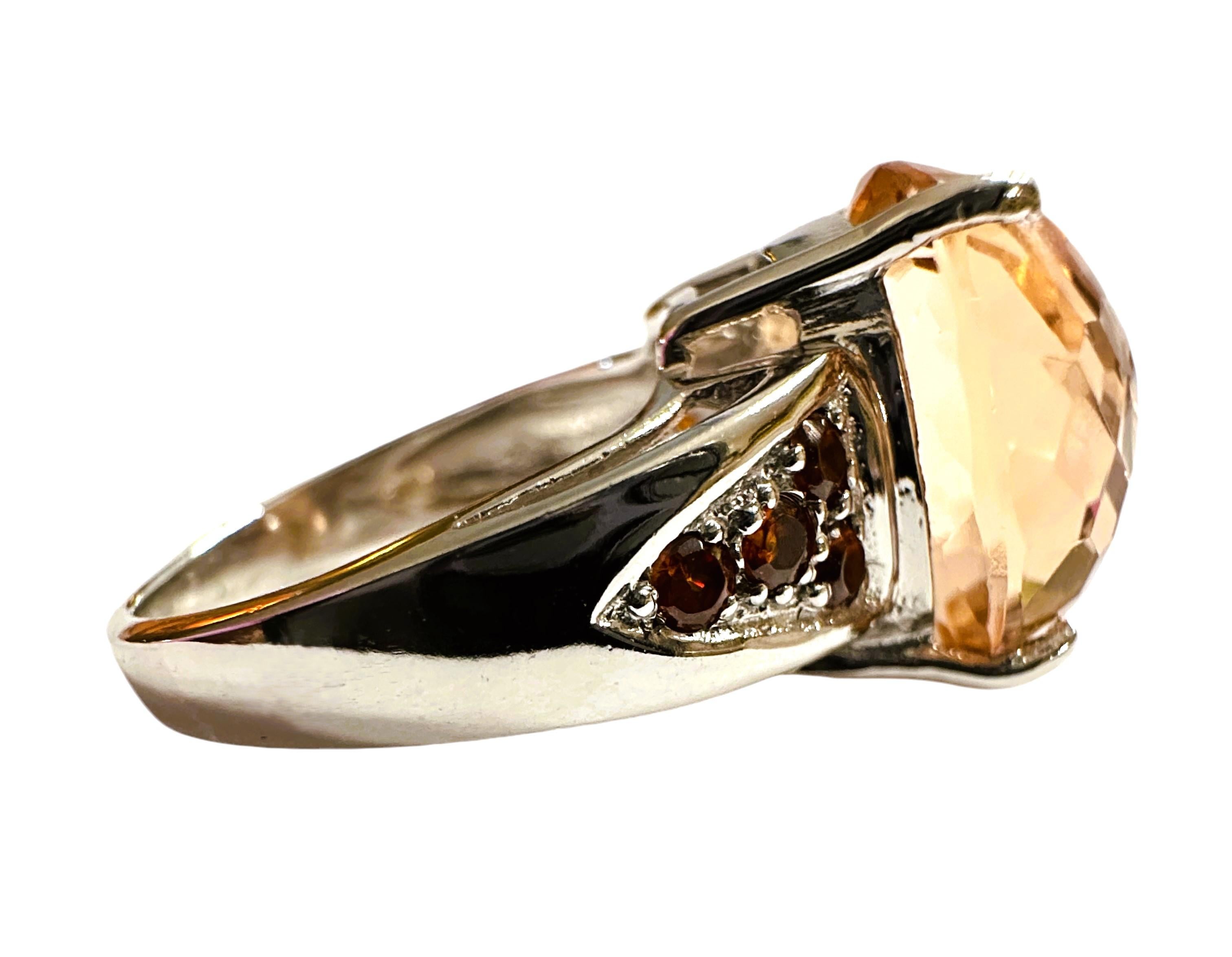 New 9.20 Carat Peach Morganite & Diamond Cut Sapphire Sterling Ring For Sale 1