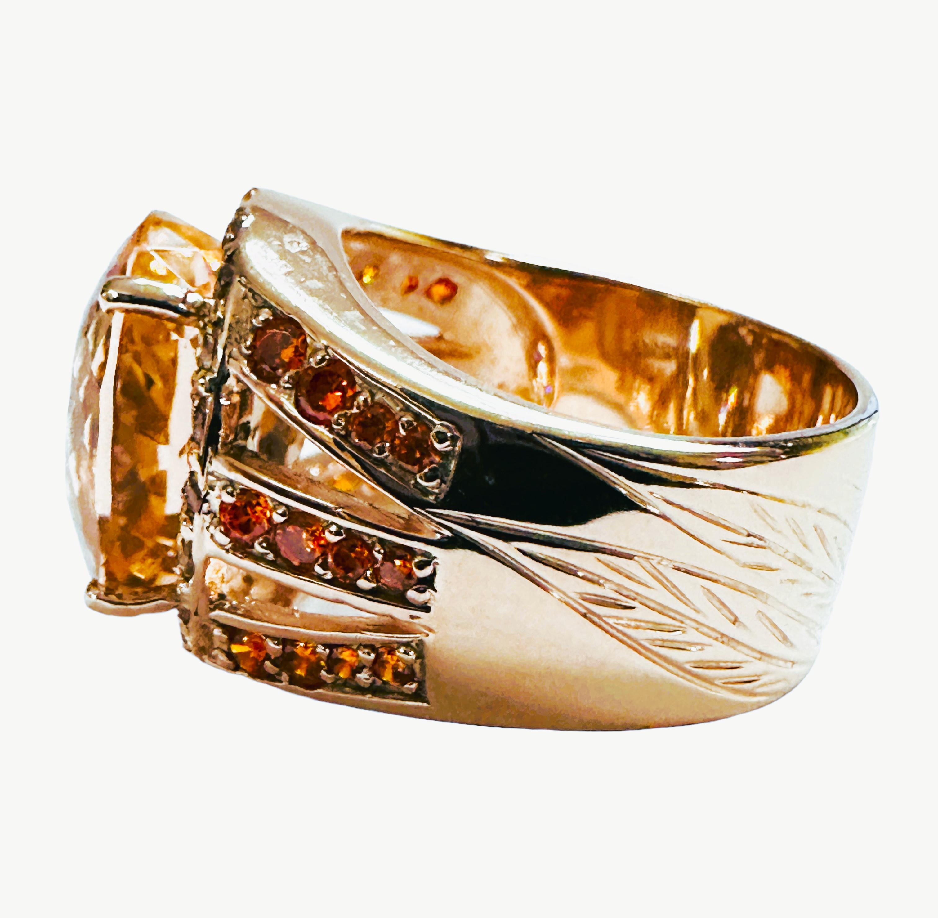 Art Deco New Nigerian IF 11.0 Ct Peach Orange Morganite & Orange Sapphire Sterling Ring For Sale