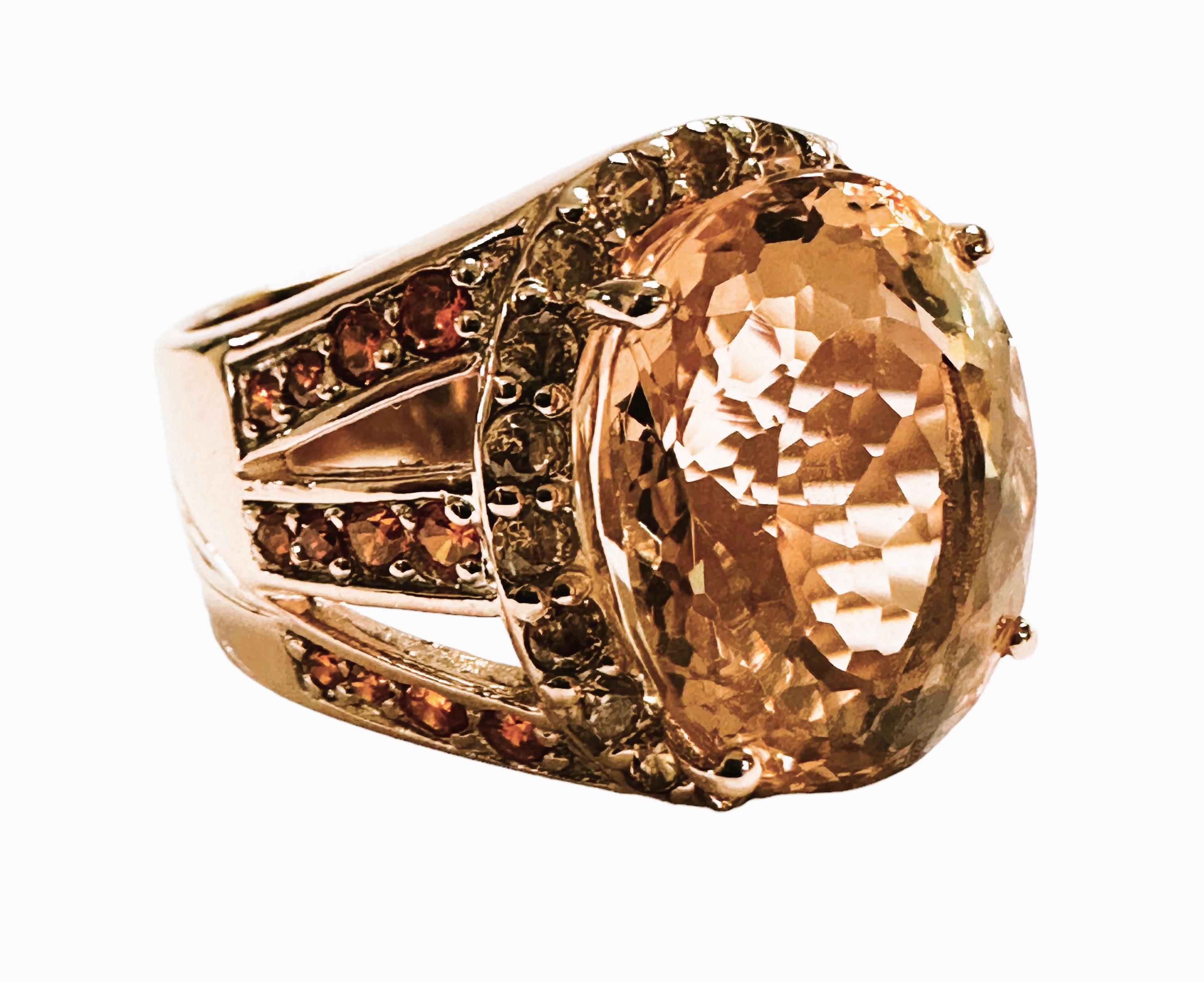Women's New Nigerian IF 11.0 Ct Peach Orange Morganite & Orange Sapphire Sterling Ring For Sale
