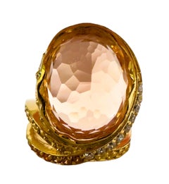 New Nigerian IF 15.50 Ct Peach Orange Morganite & Sapphire YGold Sterling Ring