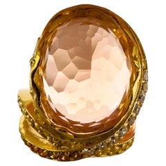 New Nigerian IF 15.50 Ct Peach Orange Morganite & Sapphire YGold Sterling Ring
