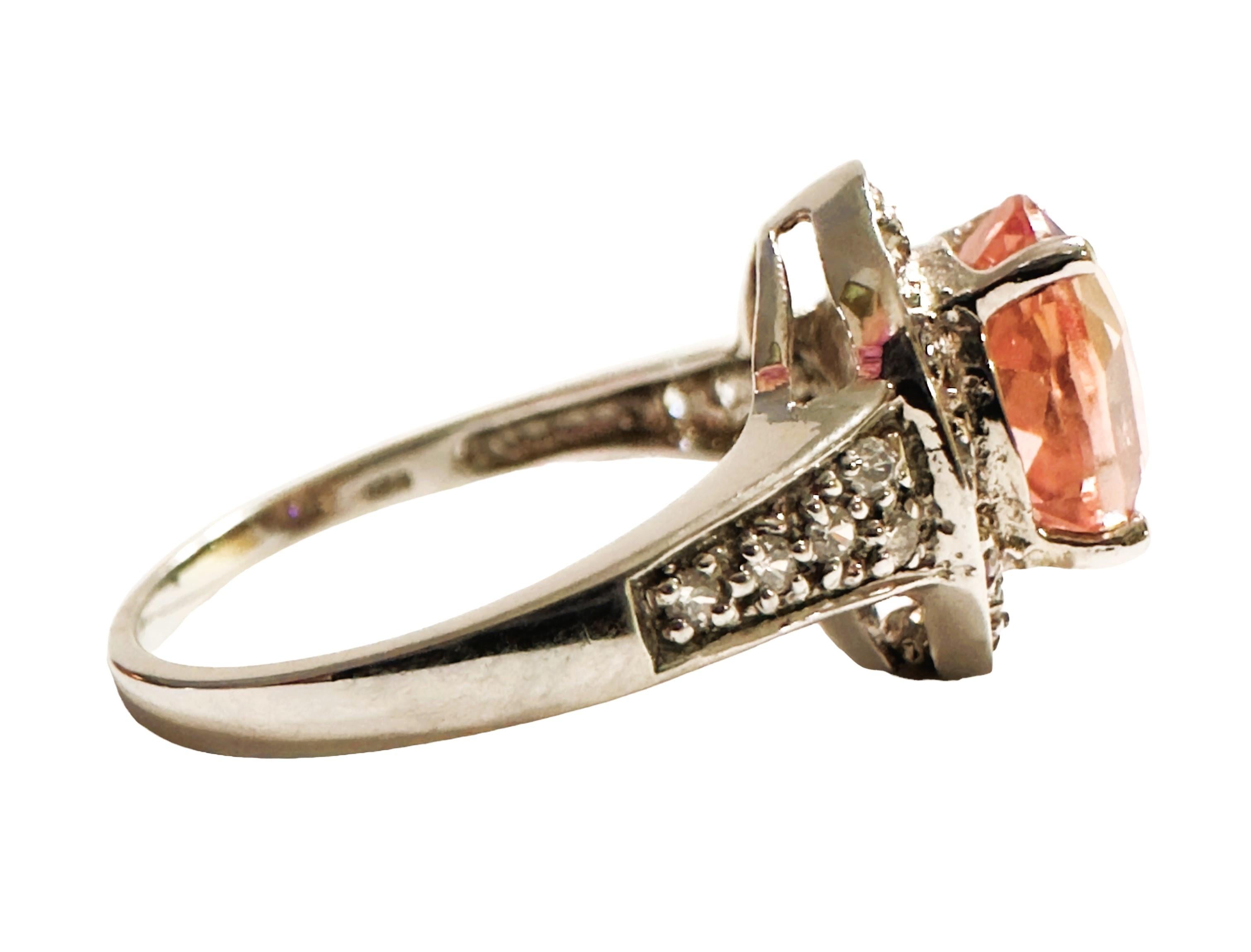 Oval Cut New Nigerian IF 2.90 Ct Pink Peach Morganite & White Sapphire Sterling Ring For Sale