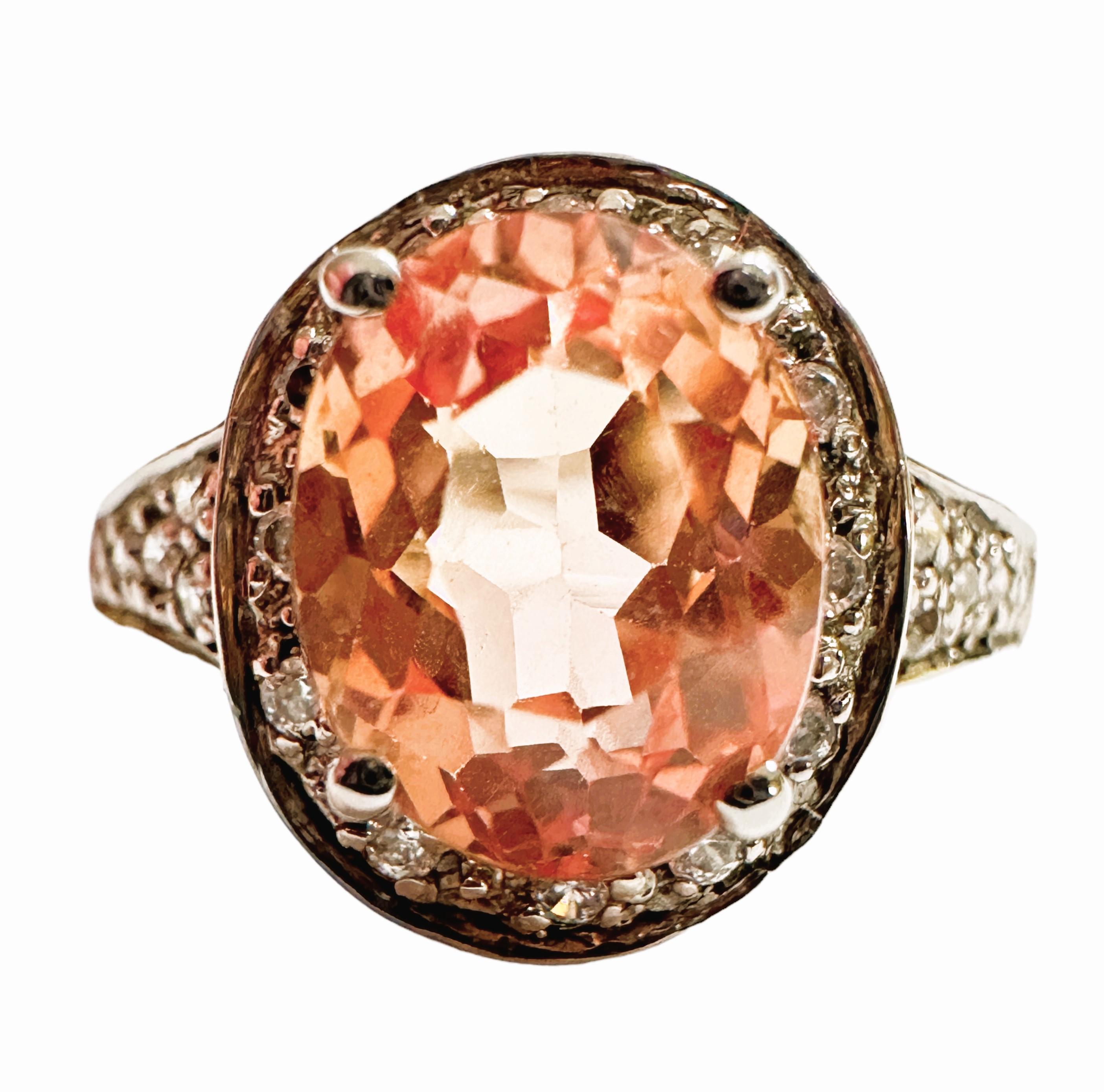 New Nigerian IF 2.90 Ct Pink Peach Morganite & White Sapphire Sterling Ring For Sale 2