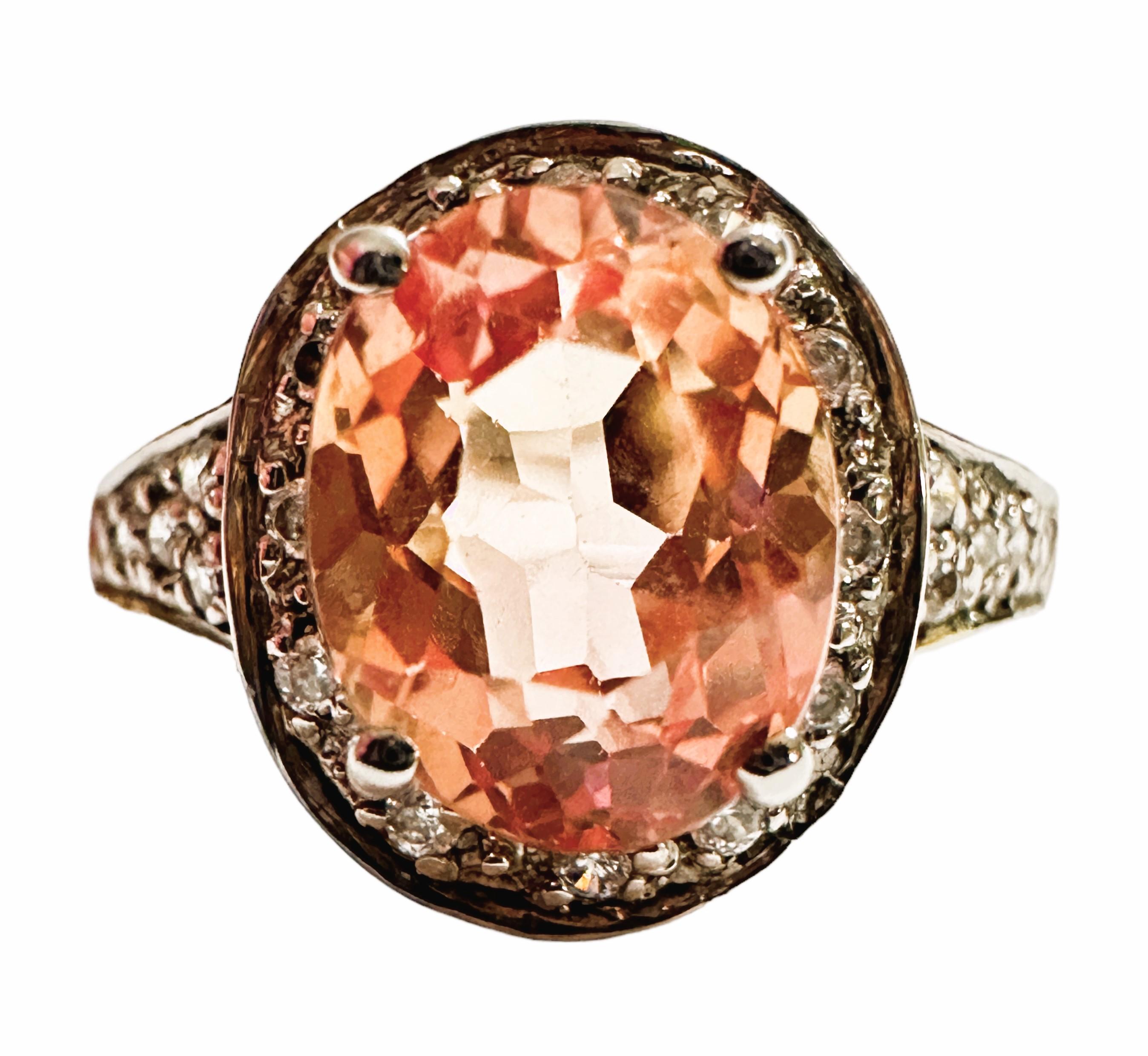 New Nigerian IF 2.90 Ct Pink Peach Morganite & White Sapphire Sterling Ring For Sale 3